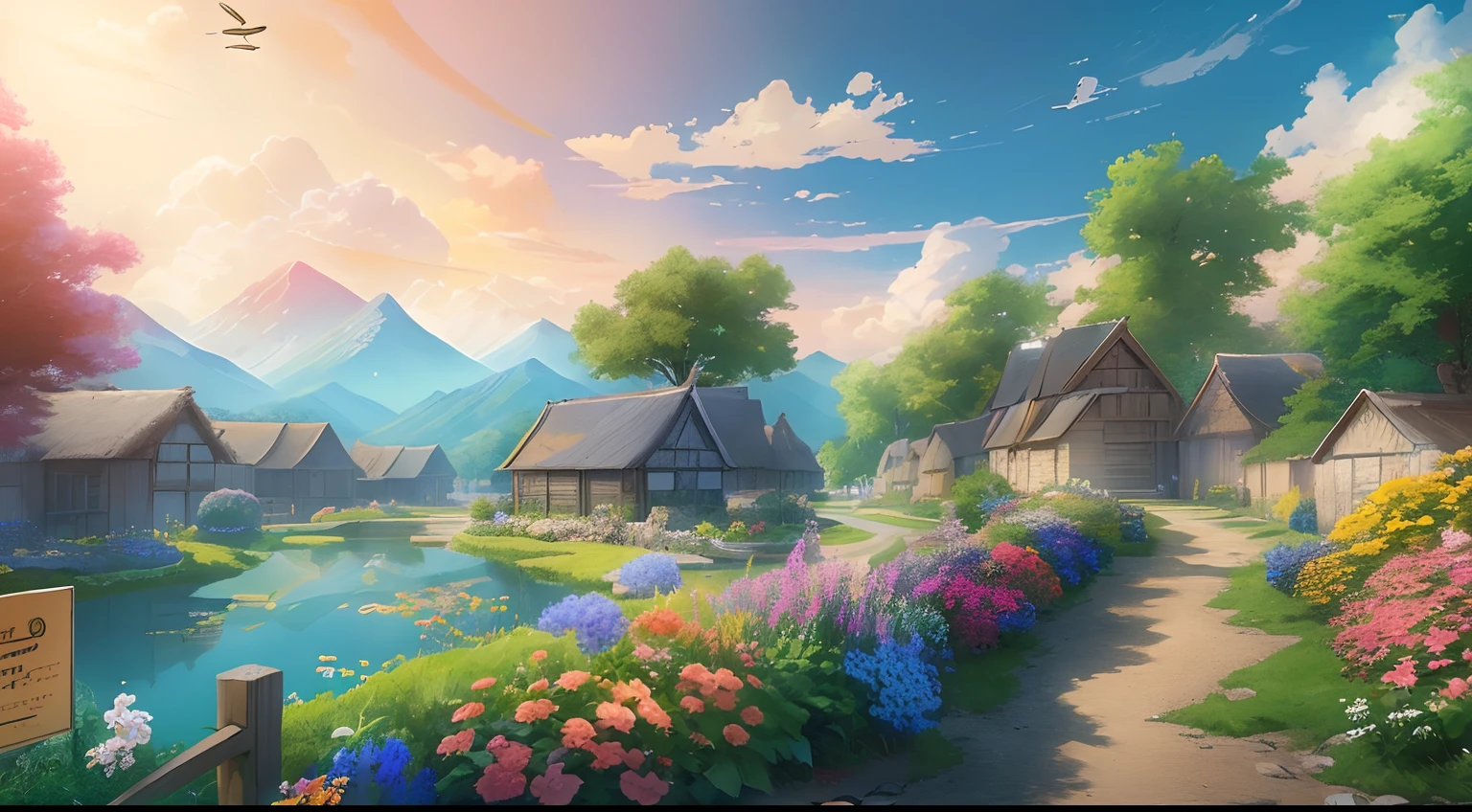 Masterpiece, best quality, (very detailed CG unity 8k wallpaper) (best quality), (best illustration), anime, village, flowers, blue sky, --v6