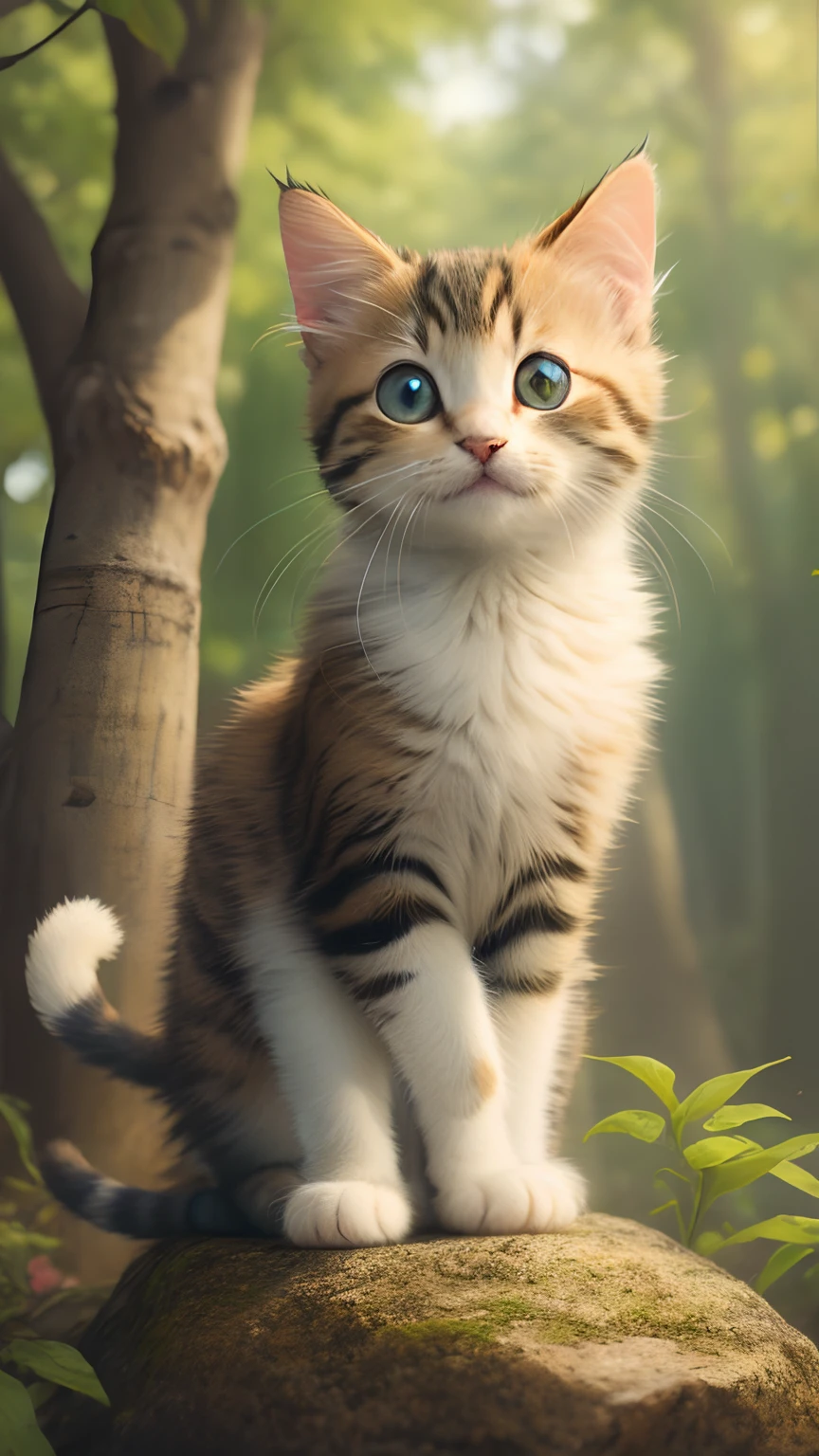 close up shot of very cute jumping kitten in forest, soft volumetric lights, (backlight:1.3), (cinematic:1.2), intricate detail, (ArtStation:1.3), Rutkowski