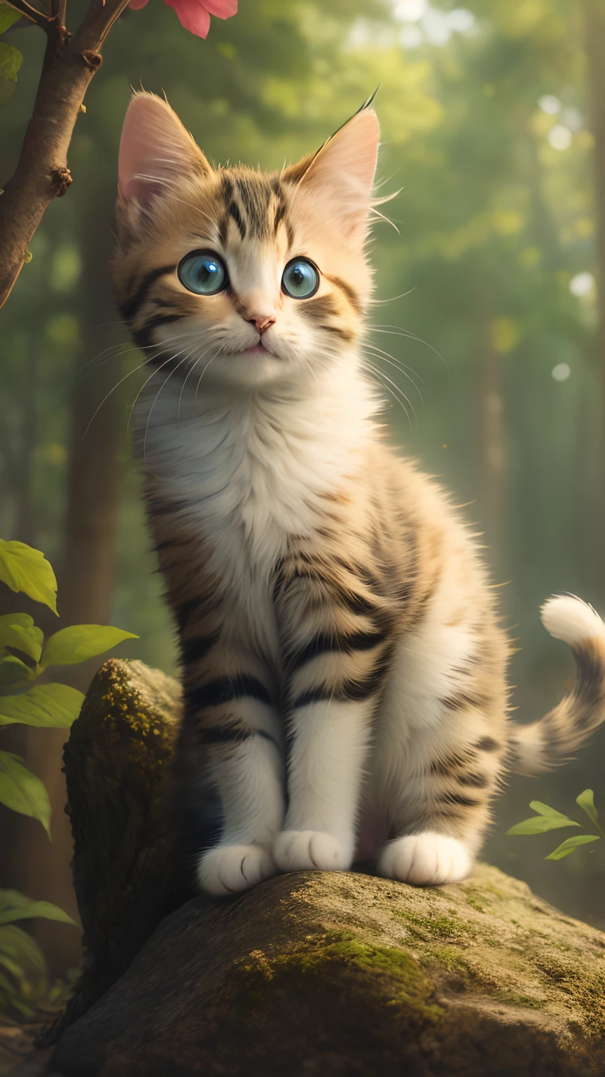 There is a cat standing on a rock next to a tree, a cute little cat, awesome cat, an adorable kitten, cute kittens, jump, a cute little cat, nffsw, cute cat photo, the cutest kitten ever, curious expression, a cute little cat, Beautiful and beautiful, mischievous look, Cat in the forest, Cute and adorable, cute animal, Heel POV