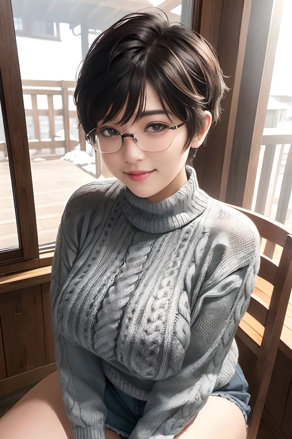 wide angle, Snowy porch, chair, window, outdoor, cozy atmosphere, asian, (disheveled extra fluffy pixie cut:1.2)、8K、Raw photography。top-quality、hightquality、Extreme Detail Photography、Eye for extreme detail、Super Detail Face、Hair in super detail、Super detail body、(Photography Lighting:1.3)、1girl in、The face is about .、Puffy eyes、Eyes in good shape。Brown-eyed、dark brown short hair、good lips、Small lips、(Medium chest:1.3)、good breasts、Natural makeup、Raw photo, Best Quality, masutepiece, ultra-detailliert, 超A high resolution, Realistic, (dark grey cable knit turtleneck sweaters:1.2)、(detailed fabrics:1.3), cleft chin, (slanted eyes), (windsor glassses:1.2), sitting on a wooden chair while smiling, tilting head, (humongous breasts:1.2), thick thighs, thick waists, bbw, bukkake, nsfw