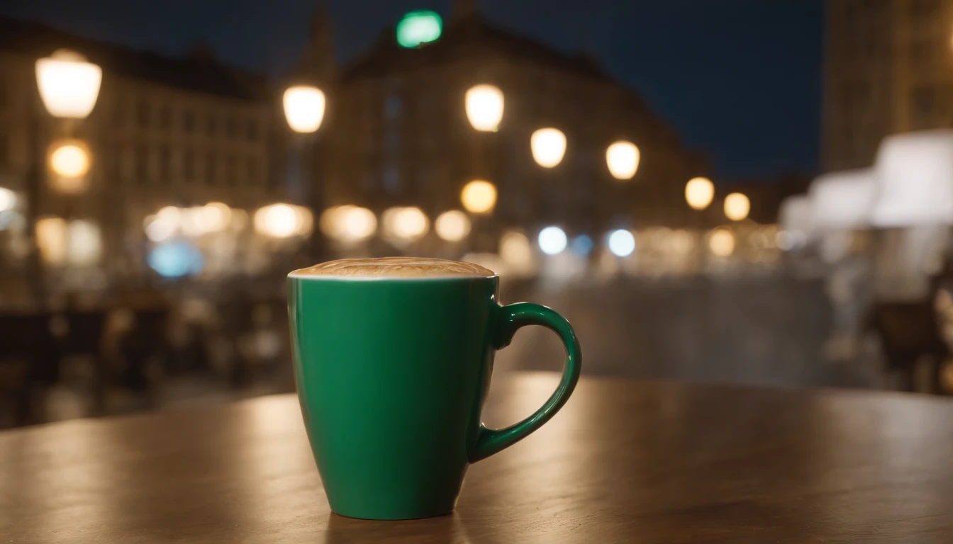 Emerald-colored photo of a cup of coffee on a table in front of a street with city lights in the background, hiquality, Exposure,