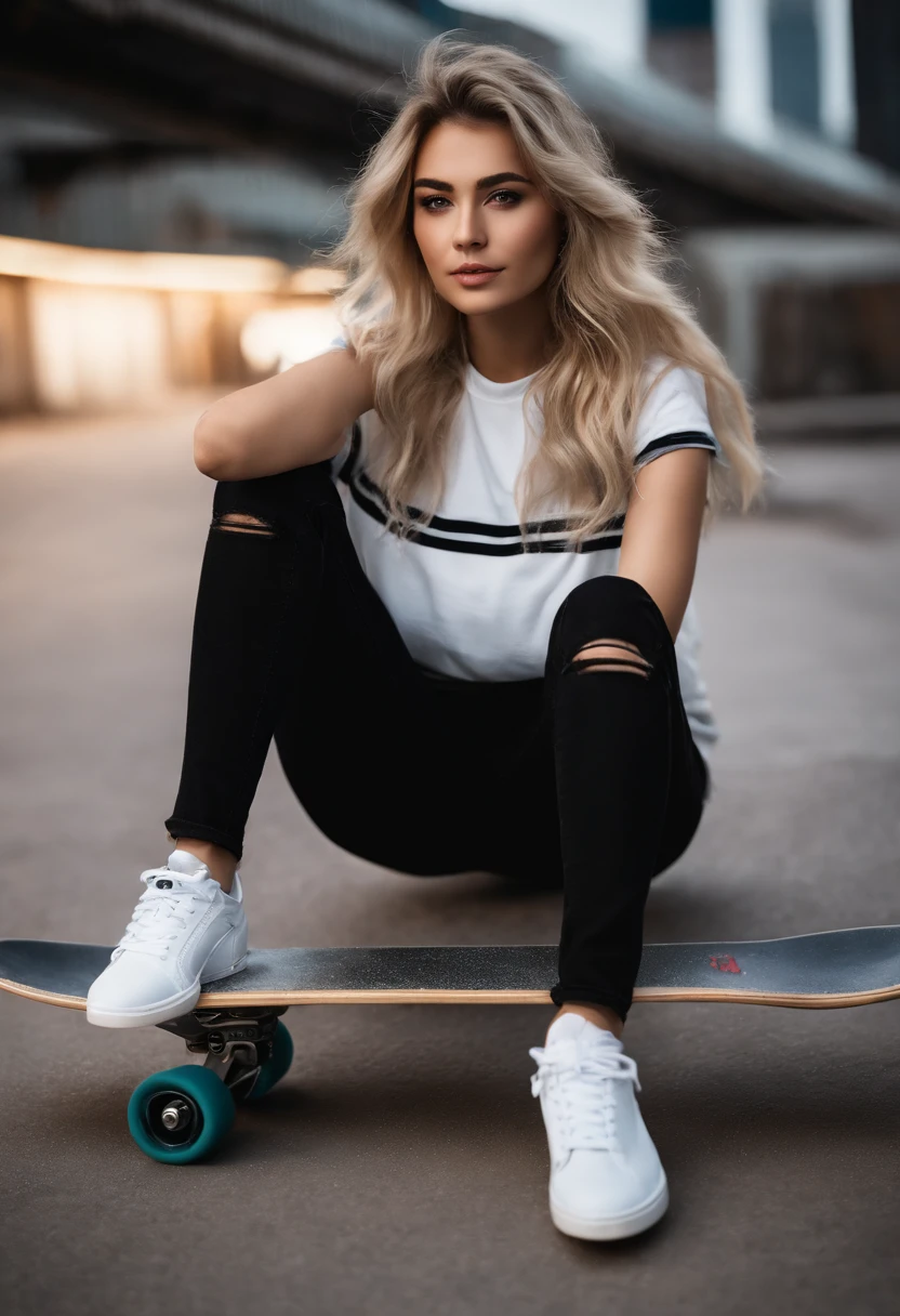 photo taken by Canon EOS 80D, 1girl, close up, blurry background, 8k, raw photo, best quality, High res, award winning, photorealistic, ultra detailed, rim lighting, (japanese woman, 23 years old), (blondie long messy hair), looking at the camera, natural makeup, detailed eyes, (Medium breast size:1.4), ultra realistic, Detailed clothing, realistic clothing, ((Wearing Over sized cropped black and white shirt with sneakers logo it)), (Ripped Jeans), real fair light skin, realistic background, detailed background, ((Happy)), (modern quality image), jaw dropping, realistic shadow, realistic lighting, (big butt), (dark background), City alley, crowd, (Hype), (Model), Beautiful, (Full body shot), (Standing), (Detailed Skate board), (Realistic Skateboard), (Skateboard on the wall), (Leaning back on the wall), (Boyish), (night time), (night light)