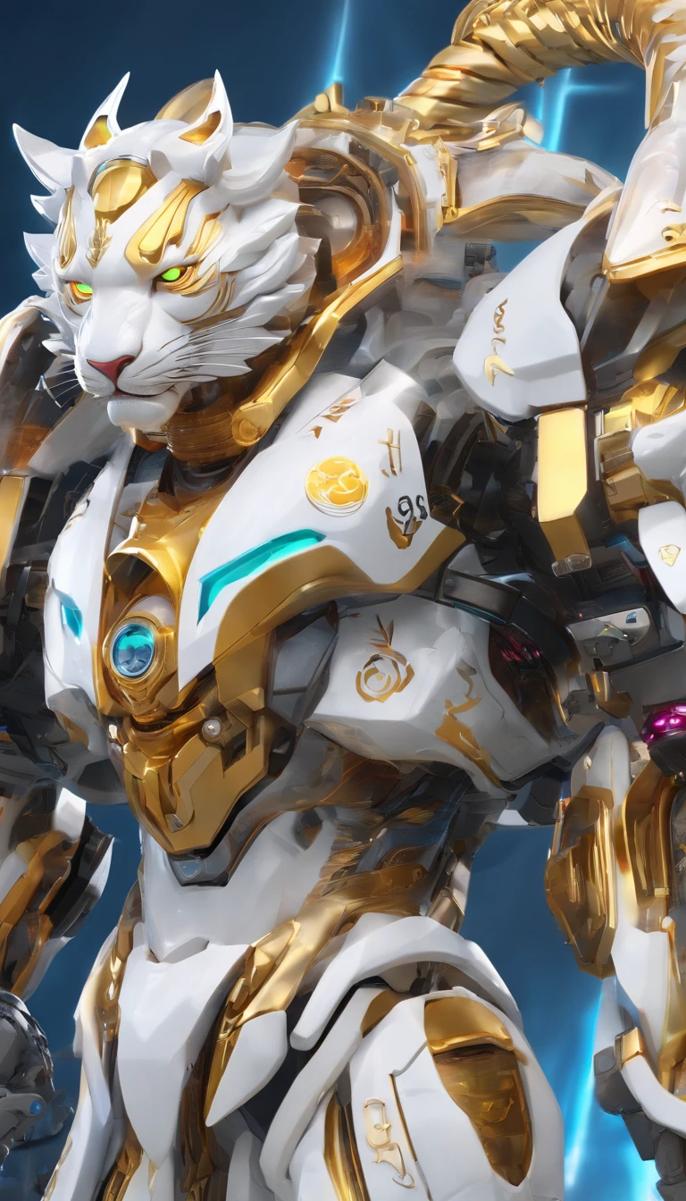 Chinese White Tiger, (blind box toy style:1.2), (Full body shot) , Behind him is a crystal Chinese tiger, Transparent Mecha, Exquisite helmet:1.2, Luminescent goggles:1.2, Cyberpunk, Dreamy glow, bright neon lights, clean, White background, ( Global Illumination, Ray traching, nffsw, Unreal Render,Reasonable design, high detal, masutepiece, Best Quality, hyper HD, Cinematic lighting)