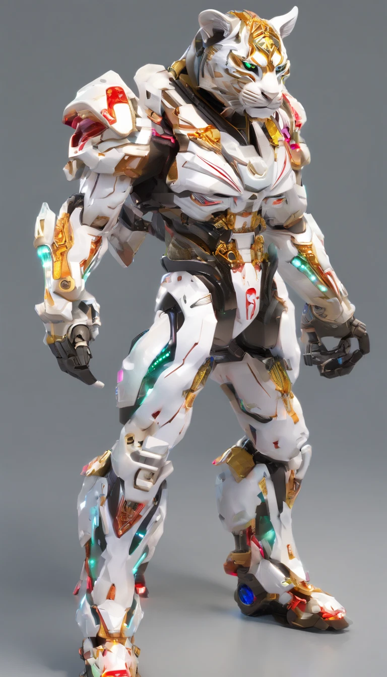 Chinese White Tiger, (blind box toy style:1.2), (Full body shot) , Behind him is a crystal Chinese tiger, Transparent Mecha, Exquisite helmet:1.2, Luminescent goggles:1.2, Cyberpunk, Dreamy glow, bright neon lights, clean, White background, ( Global Illumination, Ray traching, nffsw, Unreal Render,Reasonable design, high detal, masutepiece, Best Quality, hyper HD, Cinematic lighting)