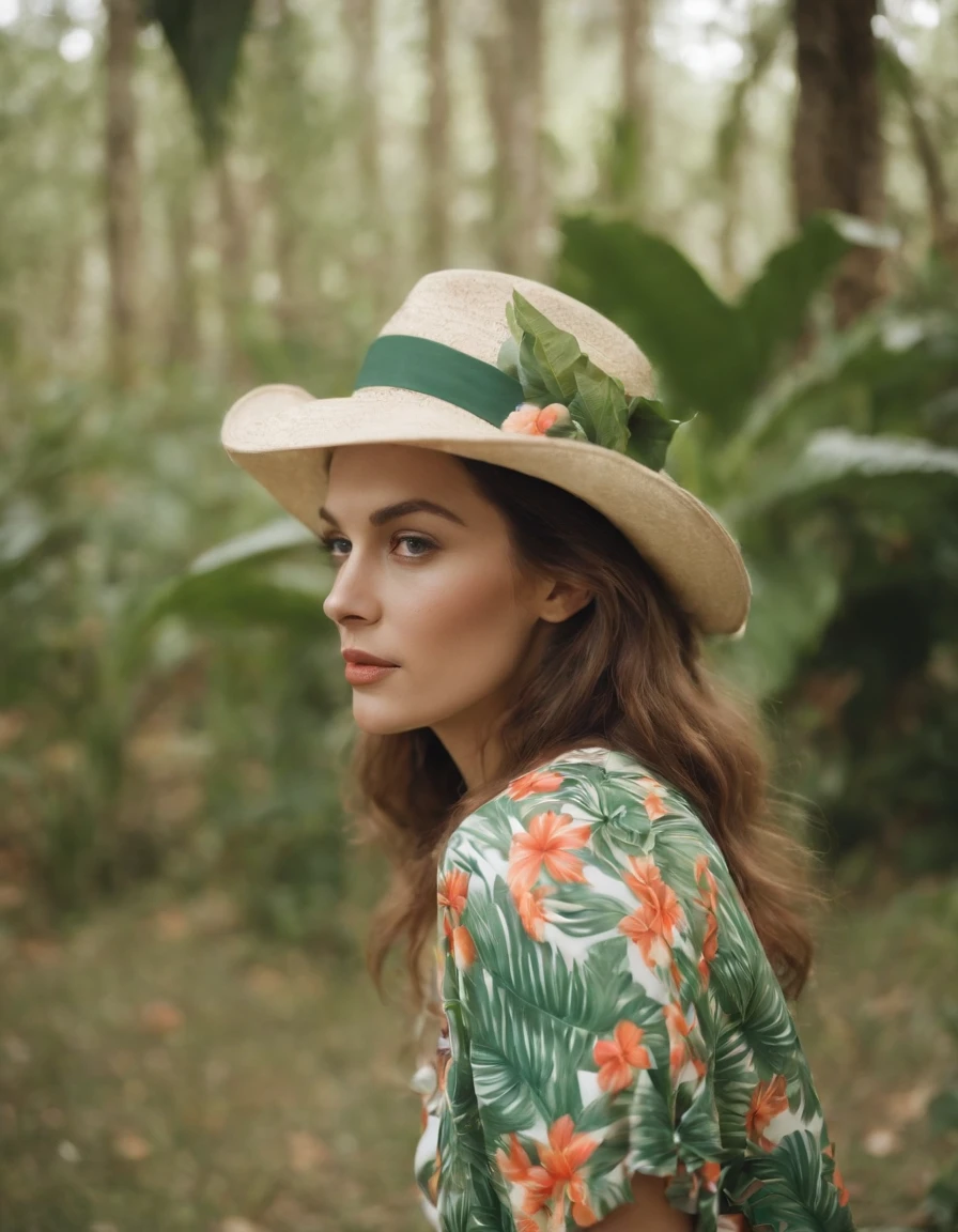 a woman wearing tropical colored pants, a hat, in the style of ilford pan f, made of rubber, punk, kodak vision3 250d 5207, poolcore, danish golden age, reflective, (upper body),(close-up)
