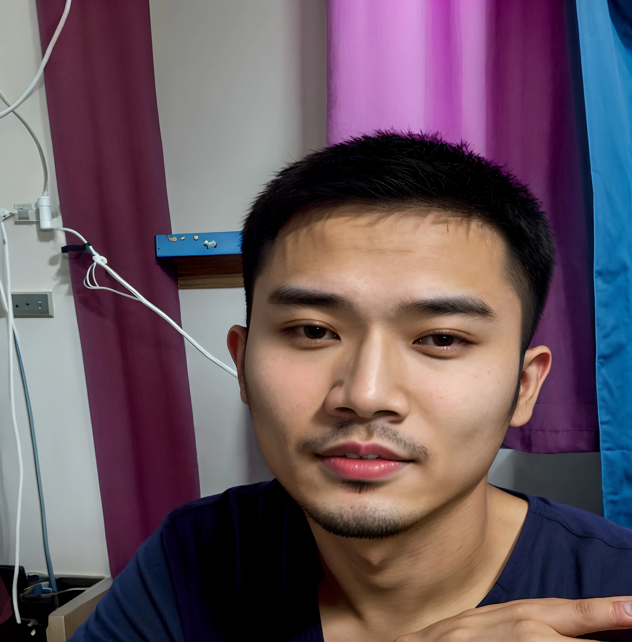 there is a man sitting in a room with a blue curtain, potrait, south east asian with round face, with accurate face, 2 , ayan nag, asian male, 4 0 years old man, picture, ramil sunga, 2 8 years old old, thawan du - year - old man