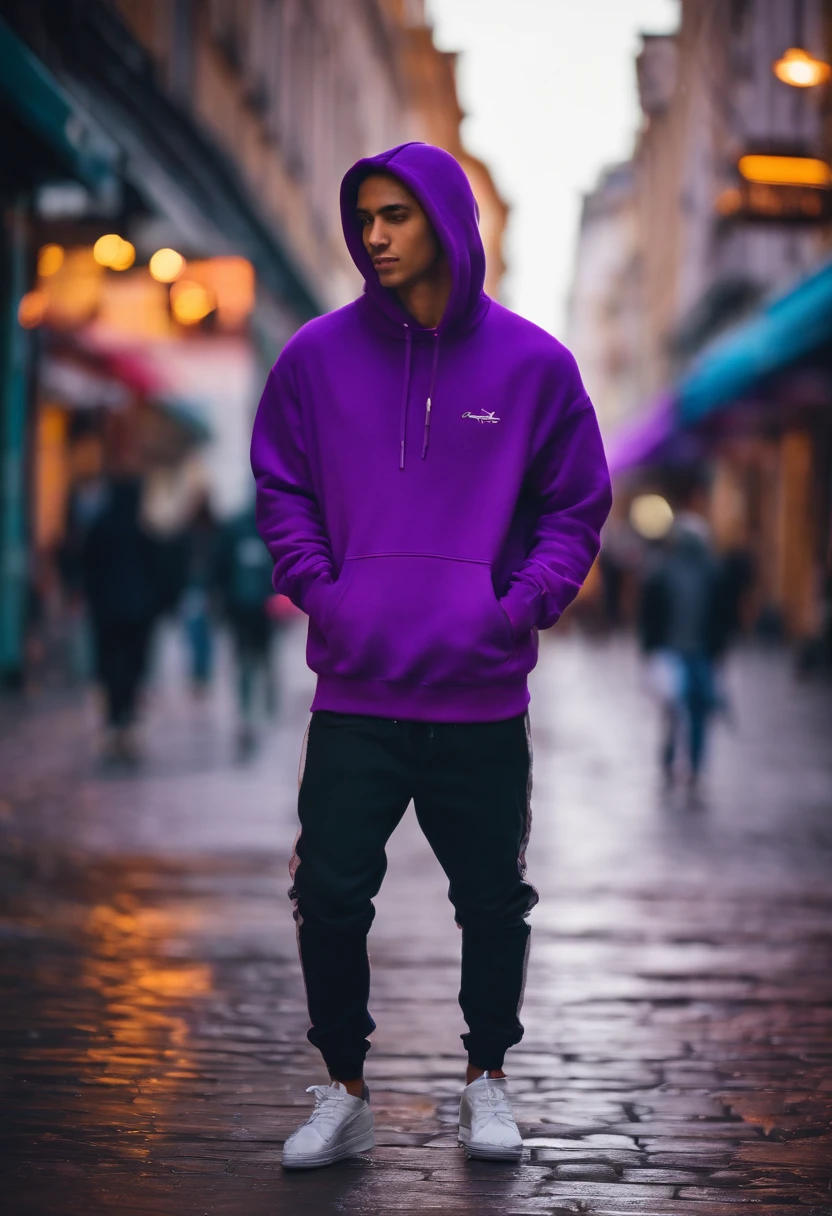 A young man in a purple hoodie, colorful cityscape in the background, detailed facial features, vibrant colors, urban street art style, bright and energetic lighting, high quality image, ultra-detailed, realistic, sharp focus, with bokeh effect, street fashion, modern urban lifestyle, dynamic pose, graffiti, bustling atmosphere, confident expression, youthful vibe, stylish outfit, trendy sneakers, bustling crowd, fast-paced city life, lively and vibrant ambiance.