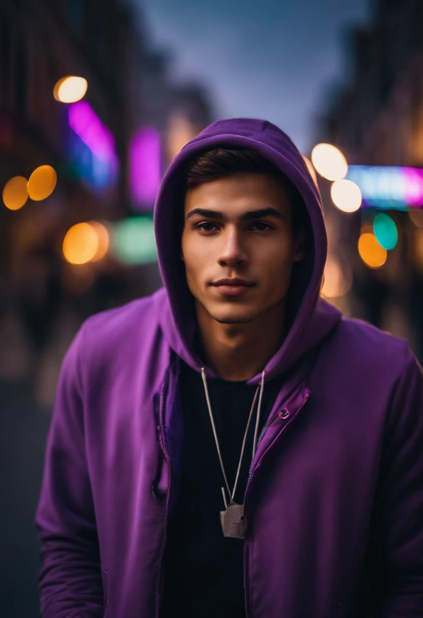 A young man in a purple hoodie, colorful cityscape in the background, detailed facial features, vibrant colors, urban street art style, bright and energetic lighting, high quality image, ultra-detailed, realistic, sharp focus, with bokeh effect, street fashion, modern urban lifestyle, dynamic pose, graffiti, bustling atmosphere, confident expression, youthful vibe, stylish outfit, trendy sneakers, bustling crowd, fast-paced city life, lively and vibrant ambiance.