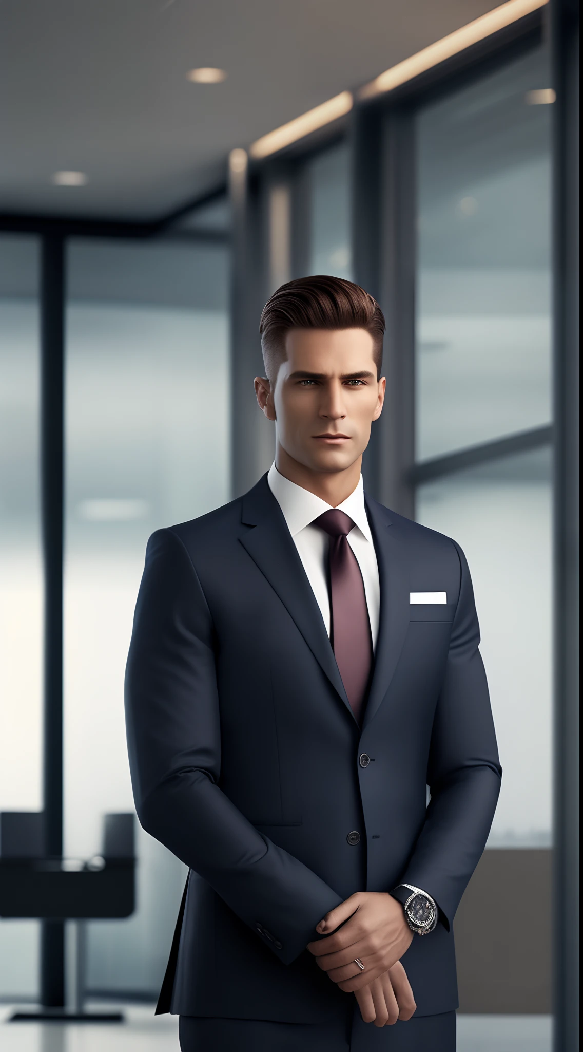 1man, matured male inside his office building, square jawline, taper haircut, suit and tie, photo realistic, (8K, Best Quality, Masterpiece, Ultra High Definition: 1.2)
