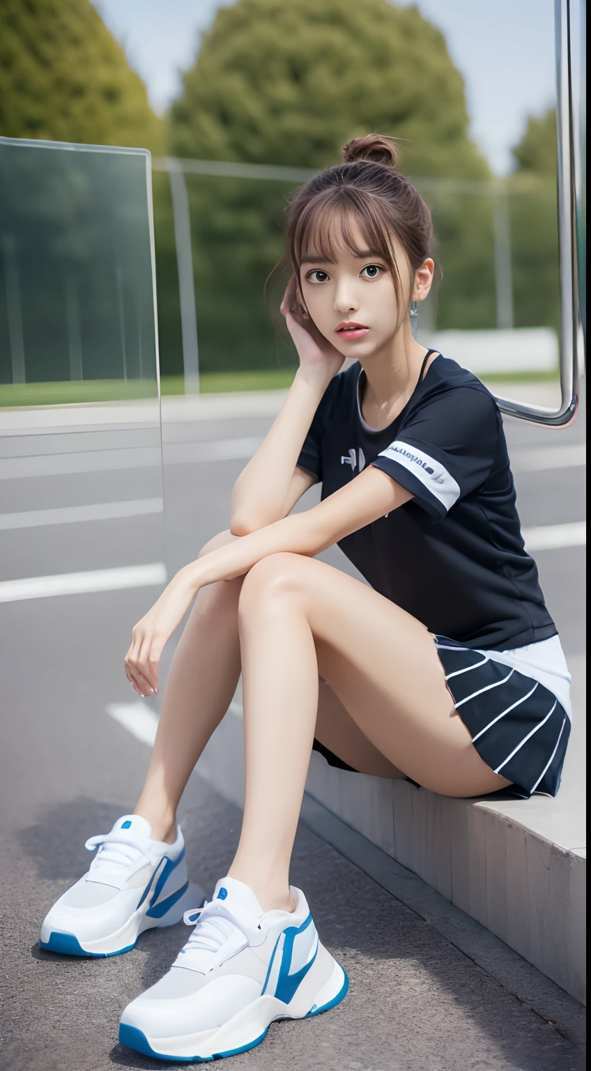 ((Best picture quality, 8K, tmasterpiece:1.3)), Korean girls, (mini-skirts:1.3), (slender leg:1.3), (athletic sneakers:1.3), (Sit Pose:1.3)