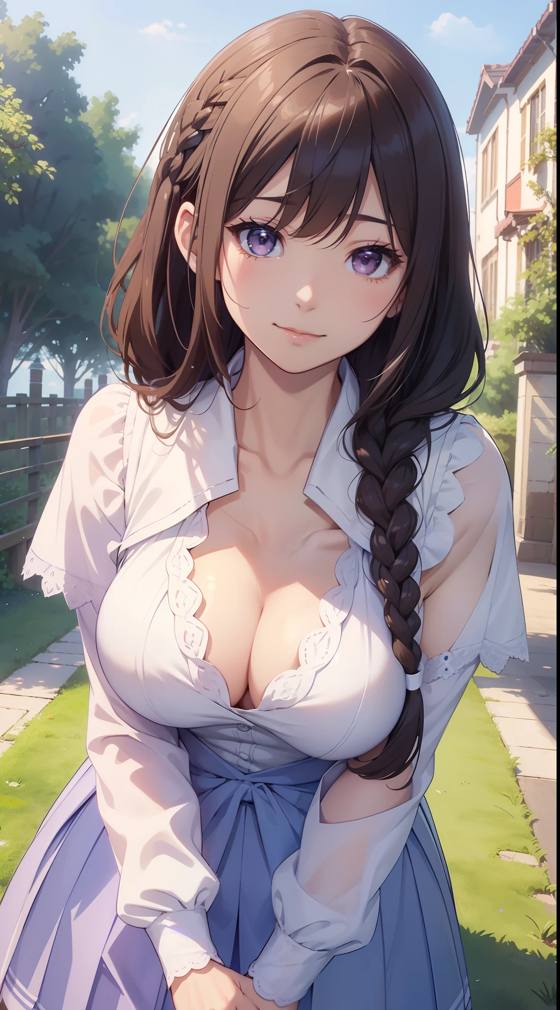 masutepiece, high resolution, 8K, anime woman, Delicate and meticulous text 、detailed digital illustration、(((Straight braids)))、Shiny hair、bangs、(cleavage:1.3),Large breasts,brunette color hair,A very beautiful woman、The eyes are twofold、High image quality, High quality、Detailed background、(((Lovely white and lilac school uniform)))、((Beautiful blue sky and school background))、(((2 arms、4 fingers, 1 thumb)))、White is the main color、((Immediately adjacent to the front corner))、Gape、A smile、Morning background、rainbowing