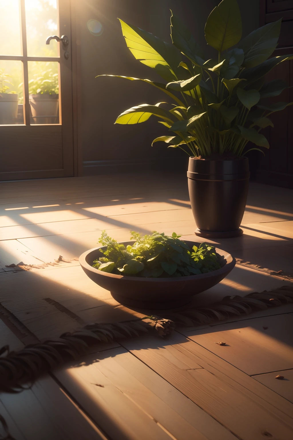 masterpiece, best quality, high quality, High definition, High quality texture, High quality shadow, high detail, realistic, Cinematic Light, sidelighting, Lens Flare, Ray tracing, sharp focus,Herbs and creeper s on background,a wooden floor , sun rising, very realistic, Ultra HD