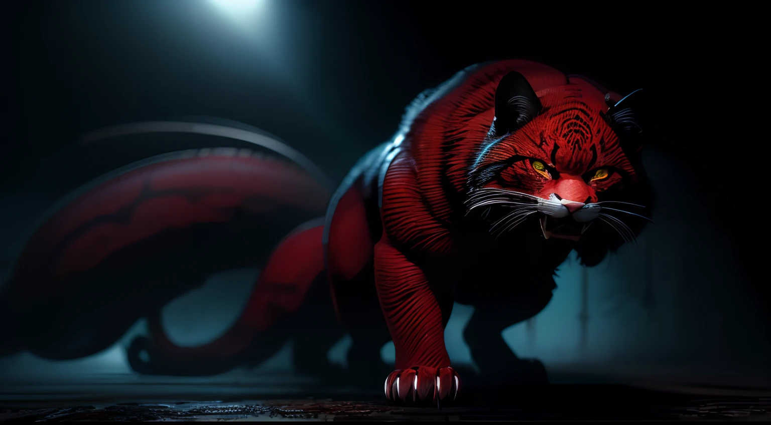Best quality,Masterpiece,超高分辨率,(Photorealistic:1.4)Big cat,Fierce,Prepare for a raid,(Dynamic Angle),True blood,Angry,Gape,red - eyed,White fangs, red color eyes, (full bodyesbian), (((Claws))), (Beautiful detailed eyes), Blood drop,Blood fog, Floating hair,Splashing blood,(blood stain),