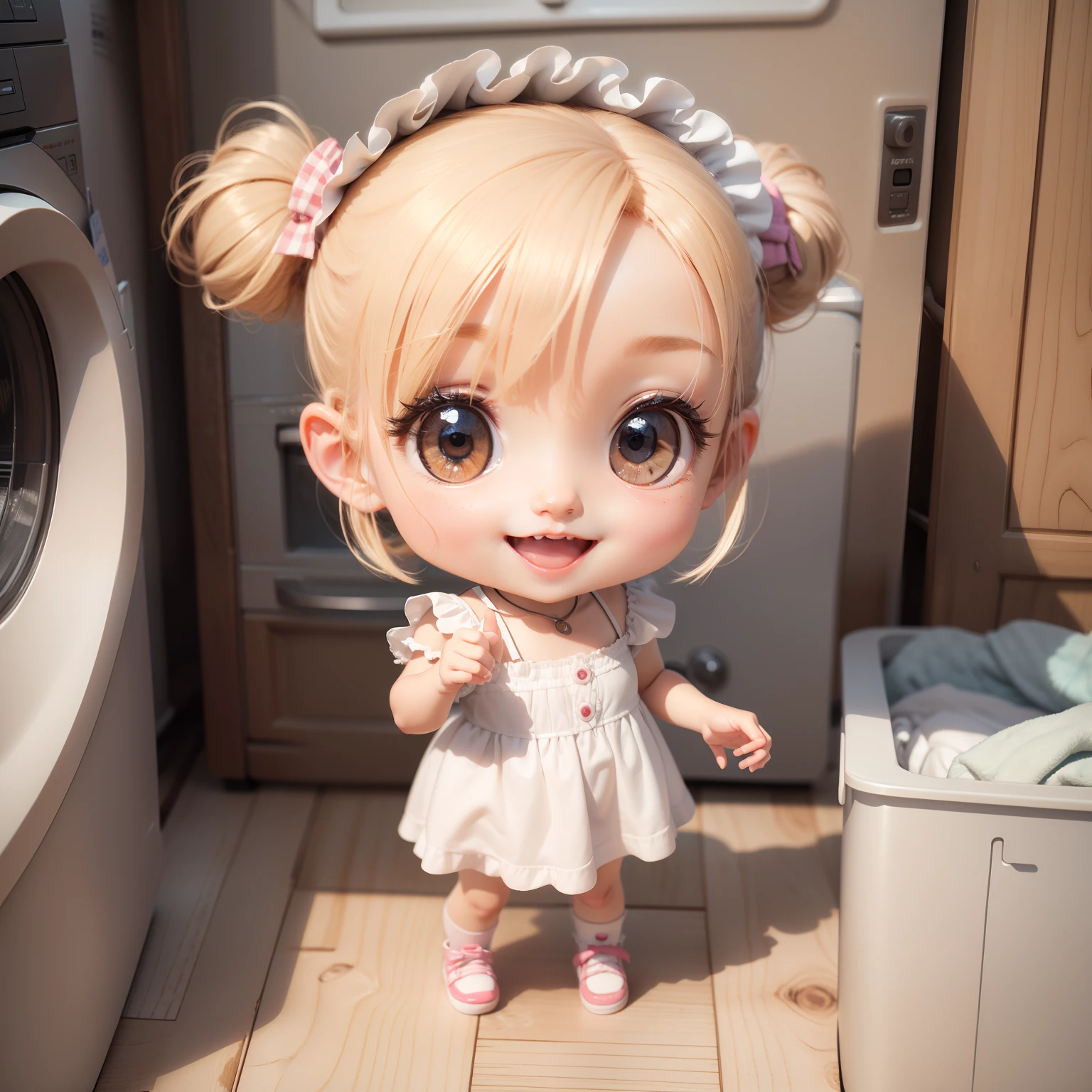 Cute Baby Chibi Anime,(((Chibi 3D))) (Best Quality) (Master Price)、in a house、washing machine、Laundry basket、washing、maid、Open your mouth and smile、Anatomically correct answer、Detailed small face、Detailed Detailing、Standing