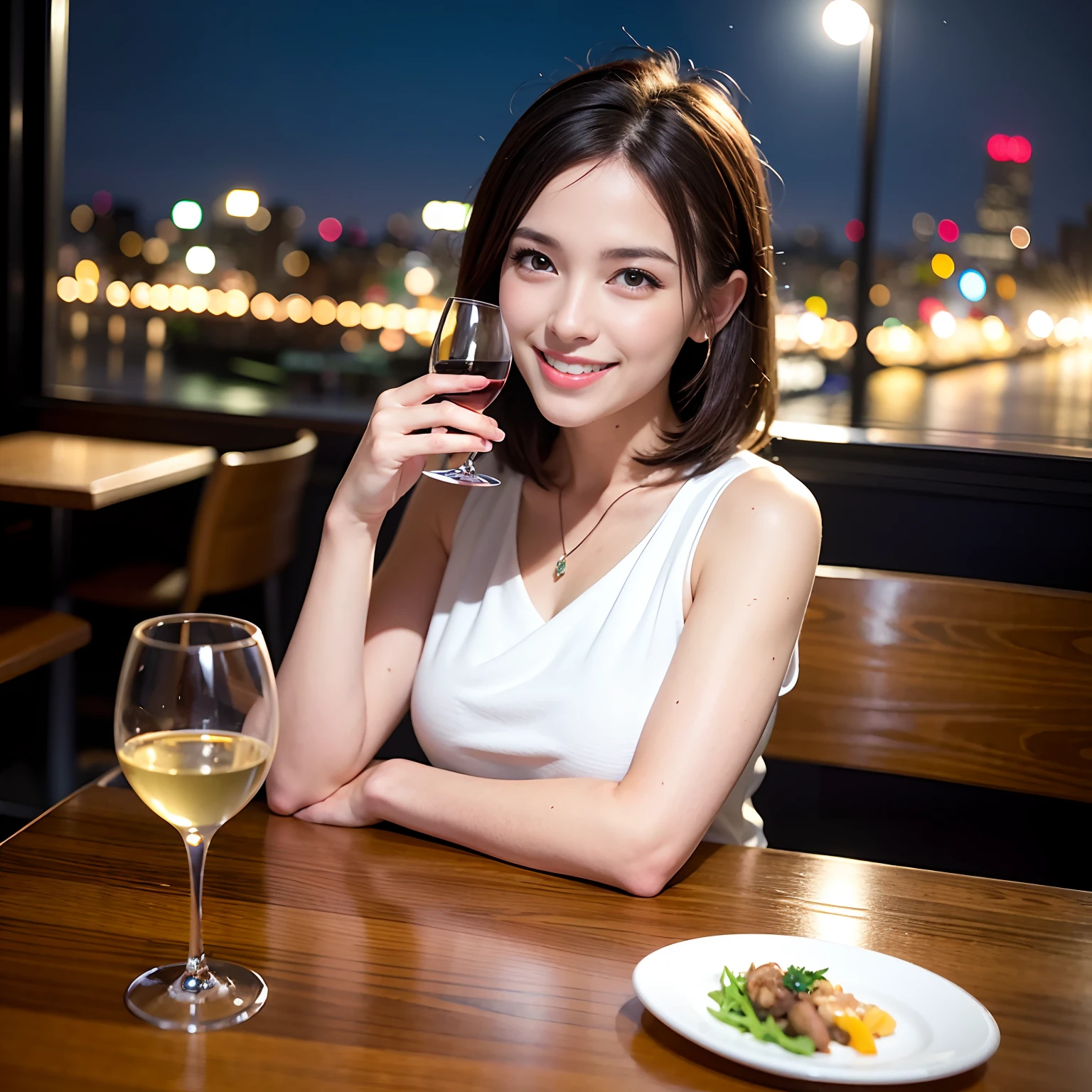 (64K, UHD, top quality, masterpiece: 1.2), (realistic, photorealistic: 1.37), super detailed, pretty woman 1 person, (slim face), (slim body), (brown hair), (short cut), cheeks slightly blushing, (44 years old), 38 years old, solo, beautiful detailed urban night view outside the window, restaurant, wine glasses sit, at night, in a prominent placeNovaFrogStyle, Actress, Model, Waist Up, White Wine, Slim, Wine Glass, Super Clean Night View, Wine Glass Put in the Middle, Happy Smile, (Smile: 1.15), Beautiful Fine Eyes, Upper Body, Bust Japan Up, Night, Short, Short, Actress, Model, Waist Up, White Wine, Slim, Wine Glass, Super Clean Night View, Wine Glass Put in the Middle, Happy Smile,