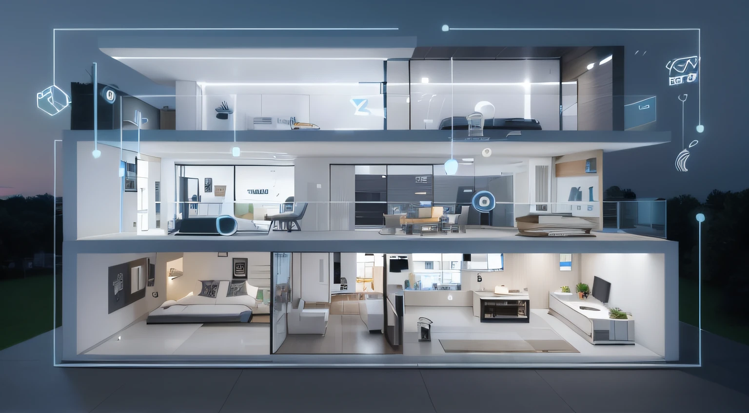 Modern house, smart home, apartment set in the near future, home setting, Modern design, Home, 3840 x 2160, 3840 x 2160, stunning high tech, SleekDesign, Has a hallway, cgi rendering, cyberpunk apartment, Smart