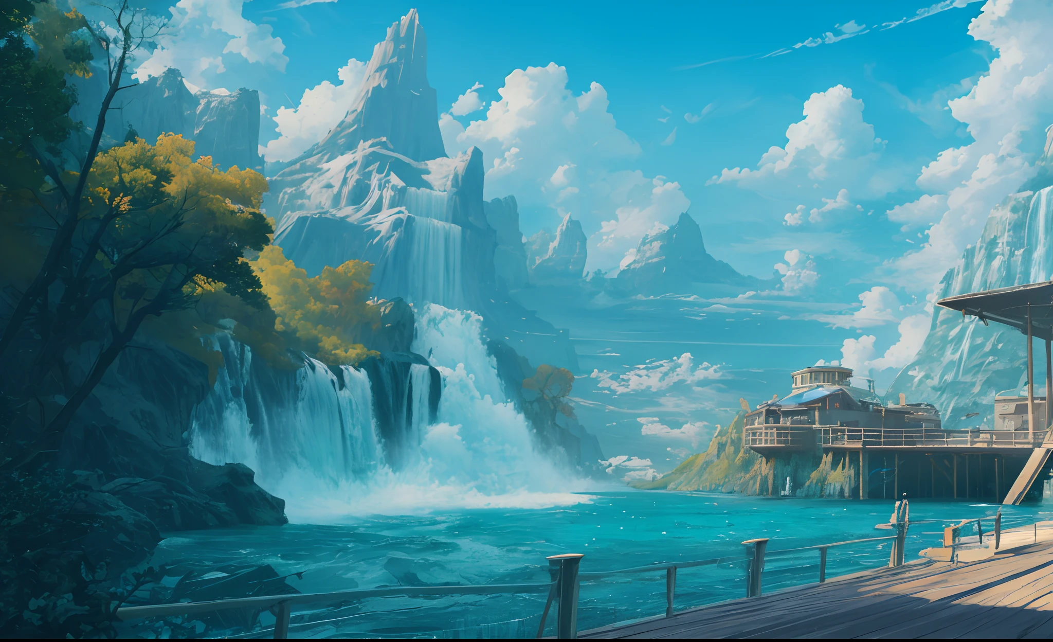 concept art, no humans, landscape, water, sky, sun, trees, clouds, waterfalls, outdoors, buildings, nature, river, blue sky