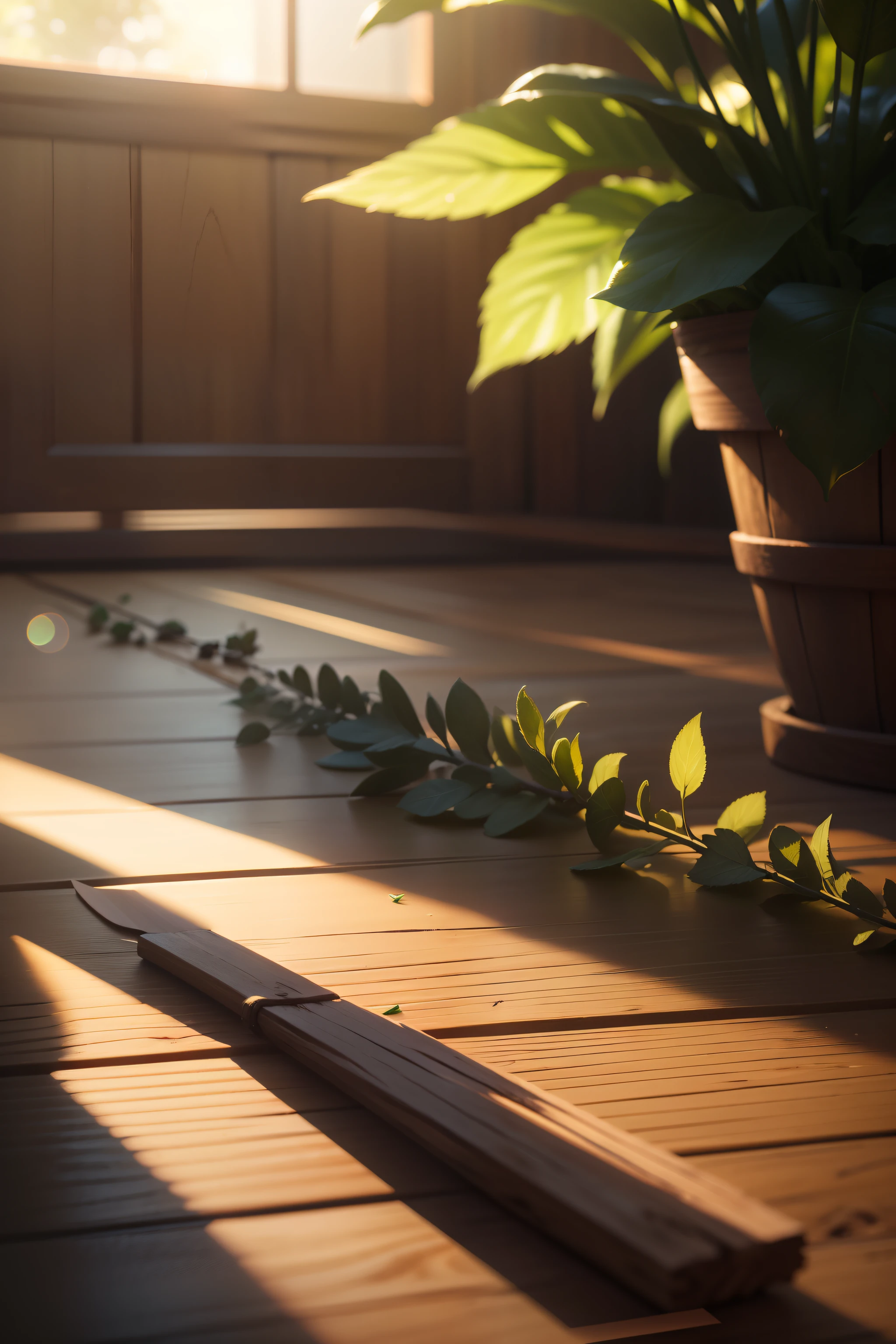 masterpiece, best quality, high quality, High definition, High quality texture, High quality shadow, high detail, realistic, Cinematic Light, sidelighting, Lens Flare, Ray tracing, sharp focus,Herbs and creeper s on background,a wooden floor , sun rising, very realistic, Ultra HD