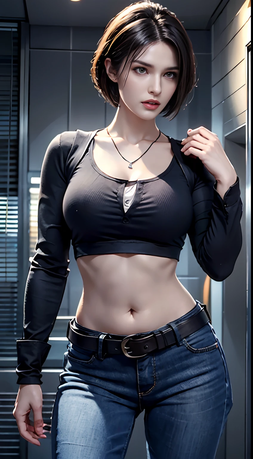 photorealistic, high resolution, 1women, mature female, solo, hips up, black hair, short hair, longsleeve blue shirt, belt, pants, police, cleavage, (downblouse), necklace,Jill Valentine - Resident Evil Series