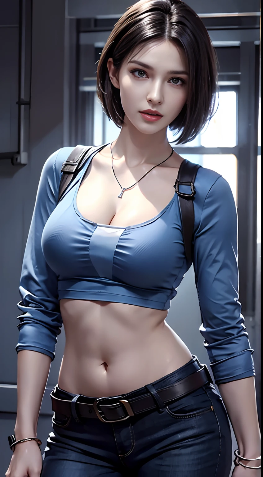 photorealistic, high resolution, 1women, mature female, solo, hips up, black hair, short hair, longsleeve blue shirt, belt, pants, police, cleavage, (downblouse), necklace,Jill Valentine - Resident Evil Series