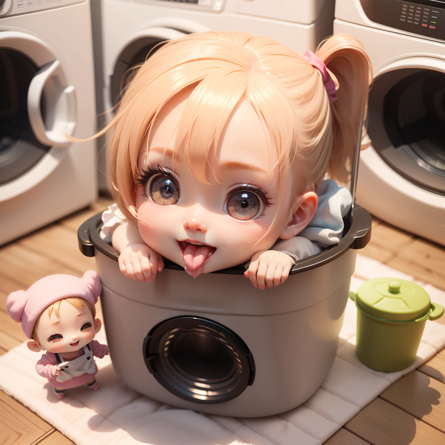 Cute Baby Chibi Anime,(((Chibi 3D))) (Best Quality) (Master Price)、in a house、washing machine、Laundry basket、washing、Apron、Open your mouth and smile、Anatomically correct answer、Detailed small face、Detailed Detailing、Standing