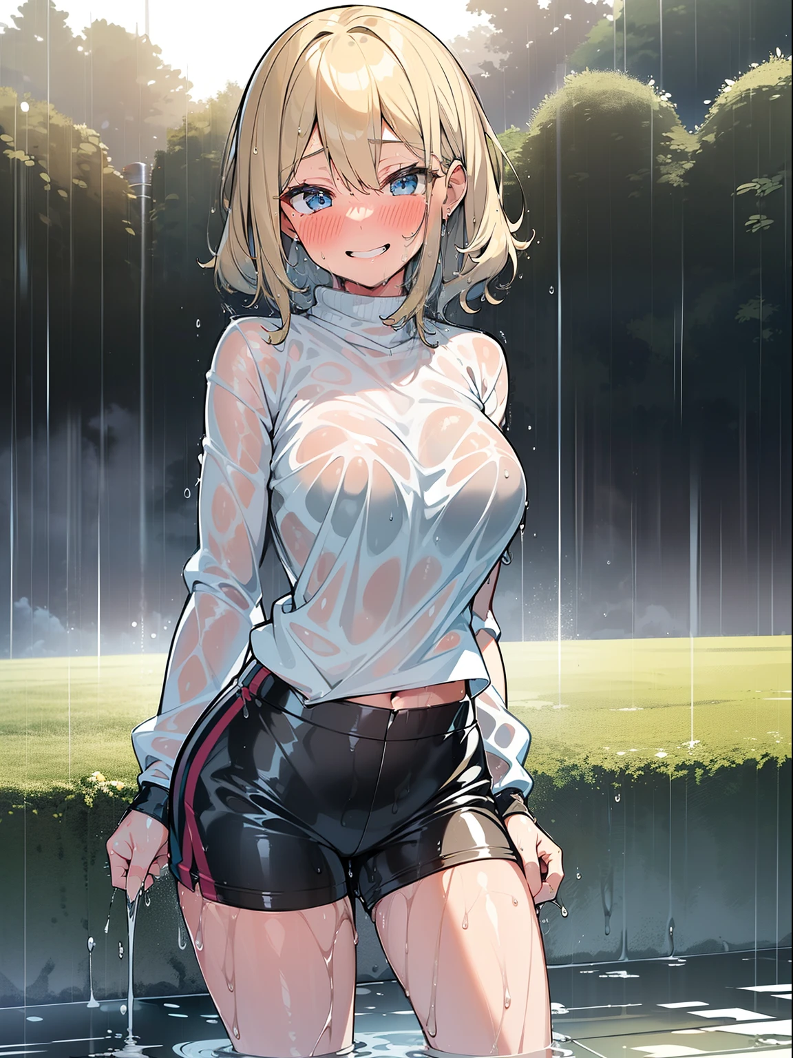 Modest, Shy, Infinitely cute and beautiful, sporty figure, pumped up athletic girl ; Blonde with short hair, with small neat elastic breasts; with relief muscles; big shiny blue eyes, long eyelashes, A slight blush, wet hair, moist, shiny skin; Sports knitwear from wet to transparent, wet shorts through and through; Happy mood, Wide, joyful smile, laughter; oblique jets of rain can be seen; Full-length photograph from a short distance, Anatomical realism, high quality textures, higly detailed