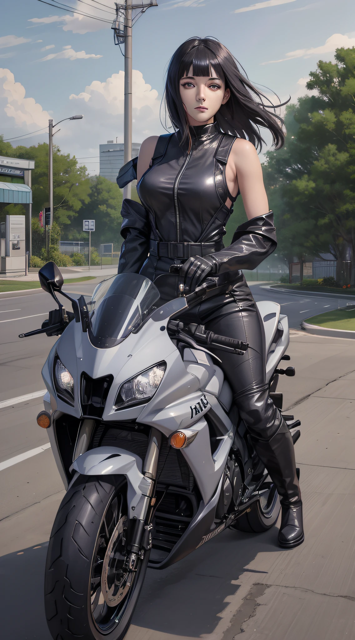 sitting on motorbike, motorbike, kawasaki ninja, hinata\(boruto\), hinata from the anime naruto, light purple eyes, shoulder length hair, black hair, bangs, beauty, beautiful woman, perfect body, perfect breasts, riding a sports motorbike, light purple motorbike, wearing racing boots, wearing gloves, racing overalls, racing wearpack, in the parking area, gas station, looking at the audience, realism, a slight smile, masterpiece, leather textured, super detailed, high detail, high quality, best quality, 1080p, 16k
