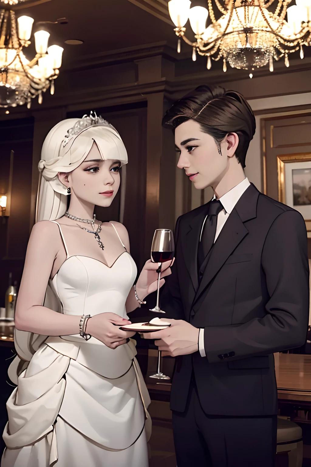 (High detail:1.2)two guys;of a guy,A woman who is;face to face,Sit at the table;Chandeliers overhead;formal outfit;a skirt;Men's suits;Wine glass in hand;Without background;Plain white background;Meticulous expressions;Delicate facial features;Limb coordination;high-heels;ssmile;Asian people;sideface;Side Body;