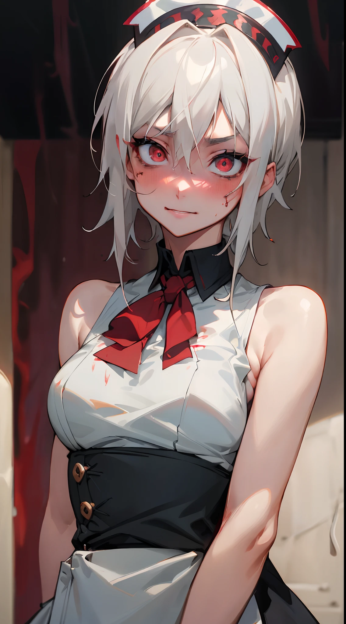 masterpiece, best quality, AliceKV4, 1girl, solo, looking at viewer, anime coloring,((upper body)), (blushed, healthy skin), authority, blood on face, breasts,  (((sadistic girl))),  bare shoulders,  sleeveless, (constricted pupils), ((waitress, blood)), white hair, detailed eyes، red eyes, (((evil))), outdoors, close-up, scared