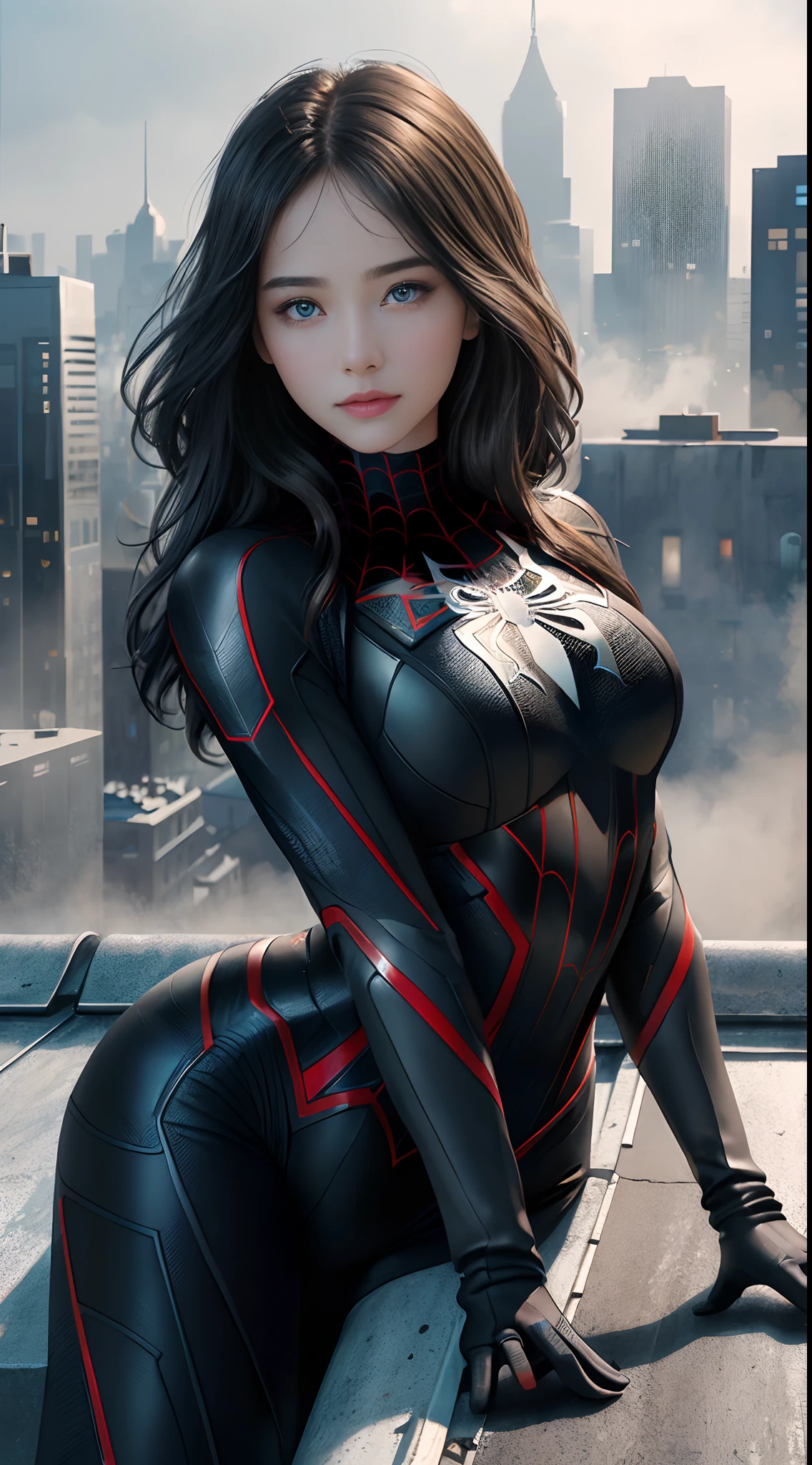 (1girll:1.3), Solo, (((Very detailed face)))), ((Very detailed eyes and face)))), Beautiful detail eyes, Body parts__, offcial art, Unified 8k wallpaper, Super detailed, Beautiful and beautiful, Beautiful, Masterpiece, Best quality, Original, Masterpiece, ultra fine photos, Best quality, Super high resolution, Realistic realism, Sunlight, Full body portrait, Amazing beauty, Dynamic pose, Delicate face, Vibrant eyes, (From the front), She wears a Spider-Man black suit, Black and white color scheme, spider, Very detailed city roof background, Rooftop, Overlooking the city, Detailed face, detailed complex busy background, Messy, Gorgeous, Milky white, Highly detailed skin, Realistic skin details, Visible pores, Clear focus, volume fog, 8K UHD, Digital SLR, High quality, filmgrain, Fair skin, Photo realism, DL, futuristic dystopian megalopolis, Translucent