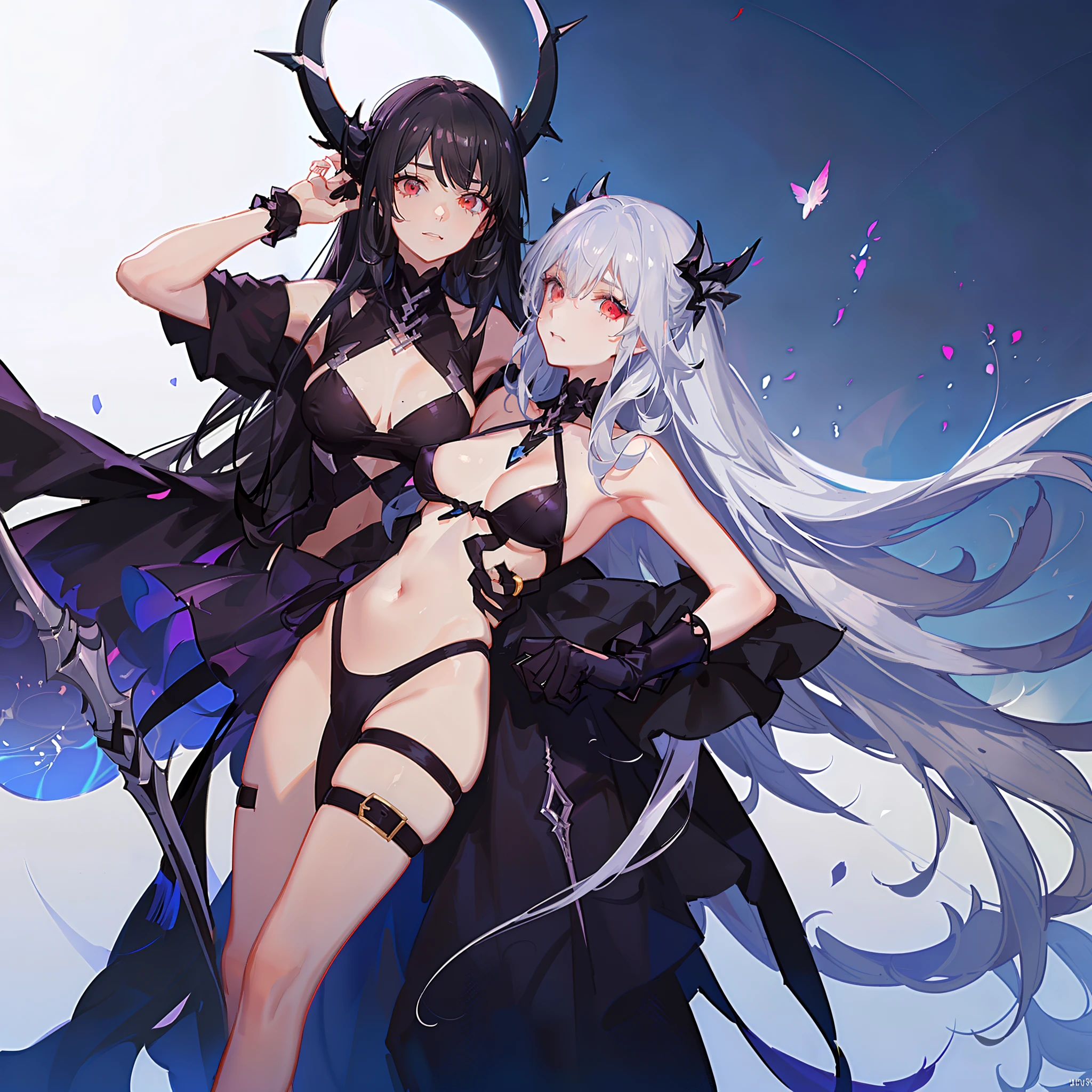 Long black hair that reaches the waist,A yellow eye,A red eye,Heteropupil,White hairpin,Pink swimsuit,Holding a silver-white scythe in his hand,