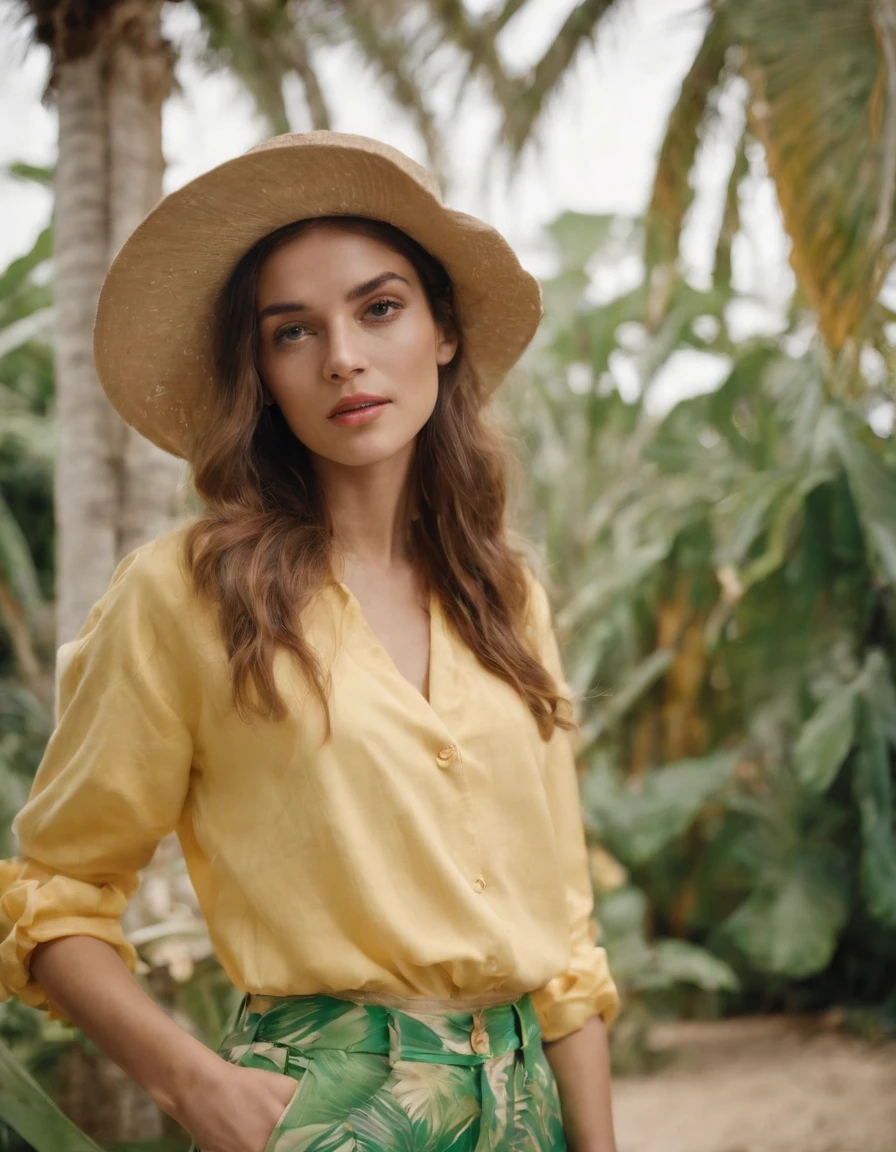 A stylish woman is standing outdoors, wearing a light yellow outfit that consists of a loose-fitting t-shirt and matching pants. She is accessorized with a large straw hat, round sunglasses, and her hands are holding the hem of her shirt. Her hair is loose, with beachy waves, and she is posing in front of a textured stone wall. The wall is light-colored with a rustic, rough surface. To the left, there are green tropical plants, including large leaves and some flowering buds. The scene is brightly lit, suggesting a sunny day