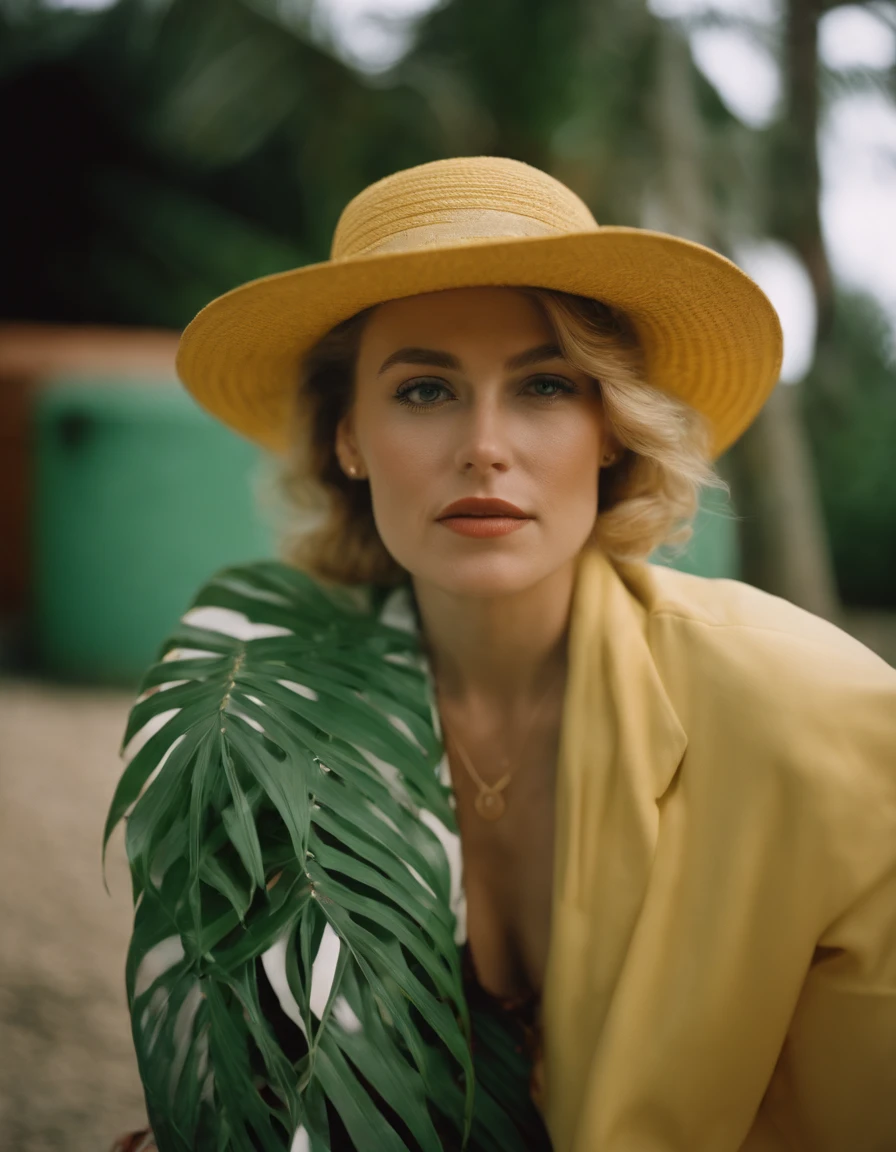 a woman wearing tropical colored pants, a hat, in the style of ilford pan f, made of rubber, punk, kodak vision3 250d 5207, poolcore, danish golden age, reflective, (upper body)