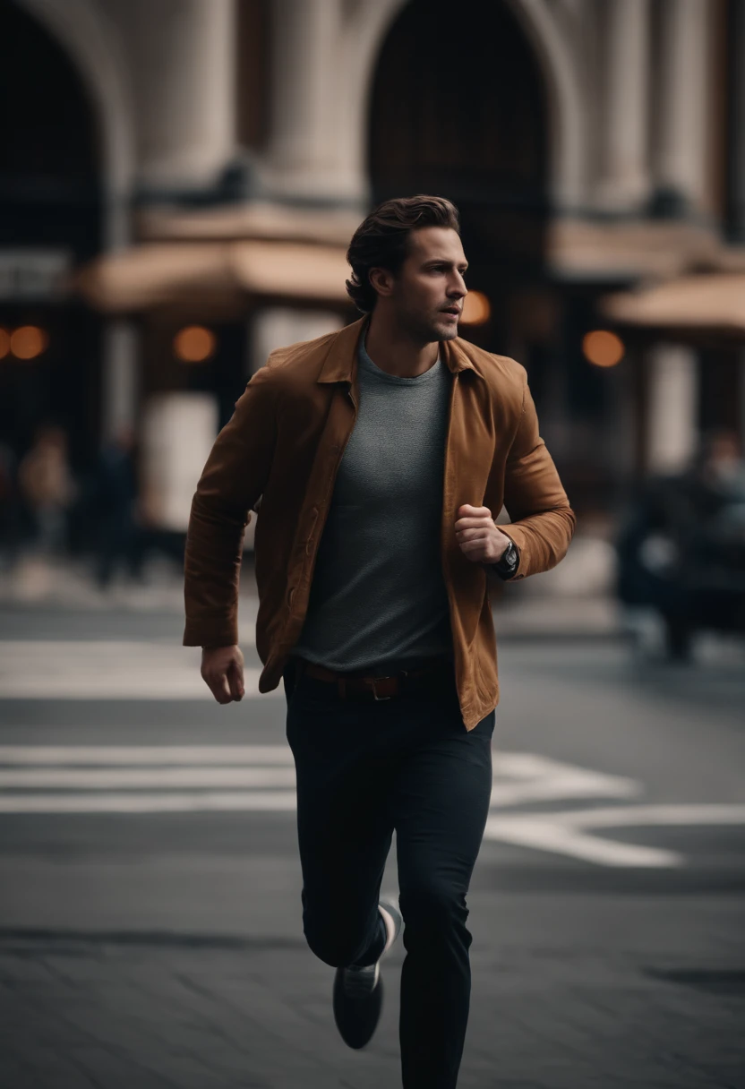 of a guy，Run quickly across the street
