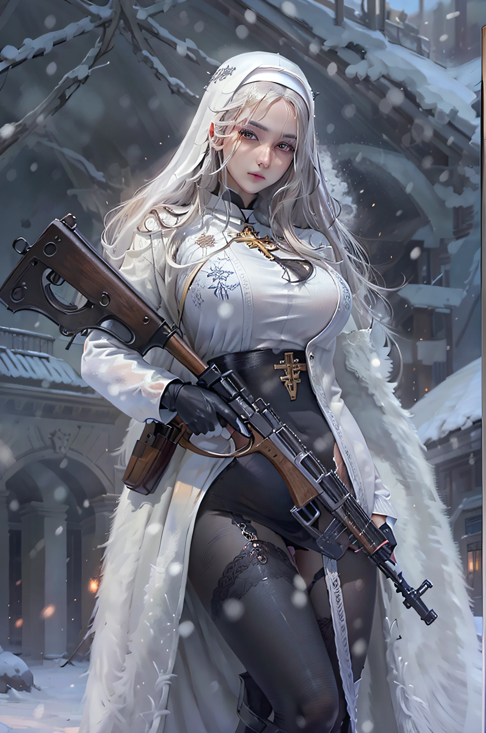 Photorealistic, high resolution, Beautiful tall woman, Solo, Hips up, view the viewer, (Detailed face),white color hair, Long hair, Young lady nun costume, Stockings，Snow background, Girl aiming AK-47 assault rifle