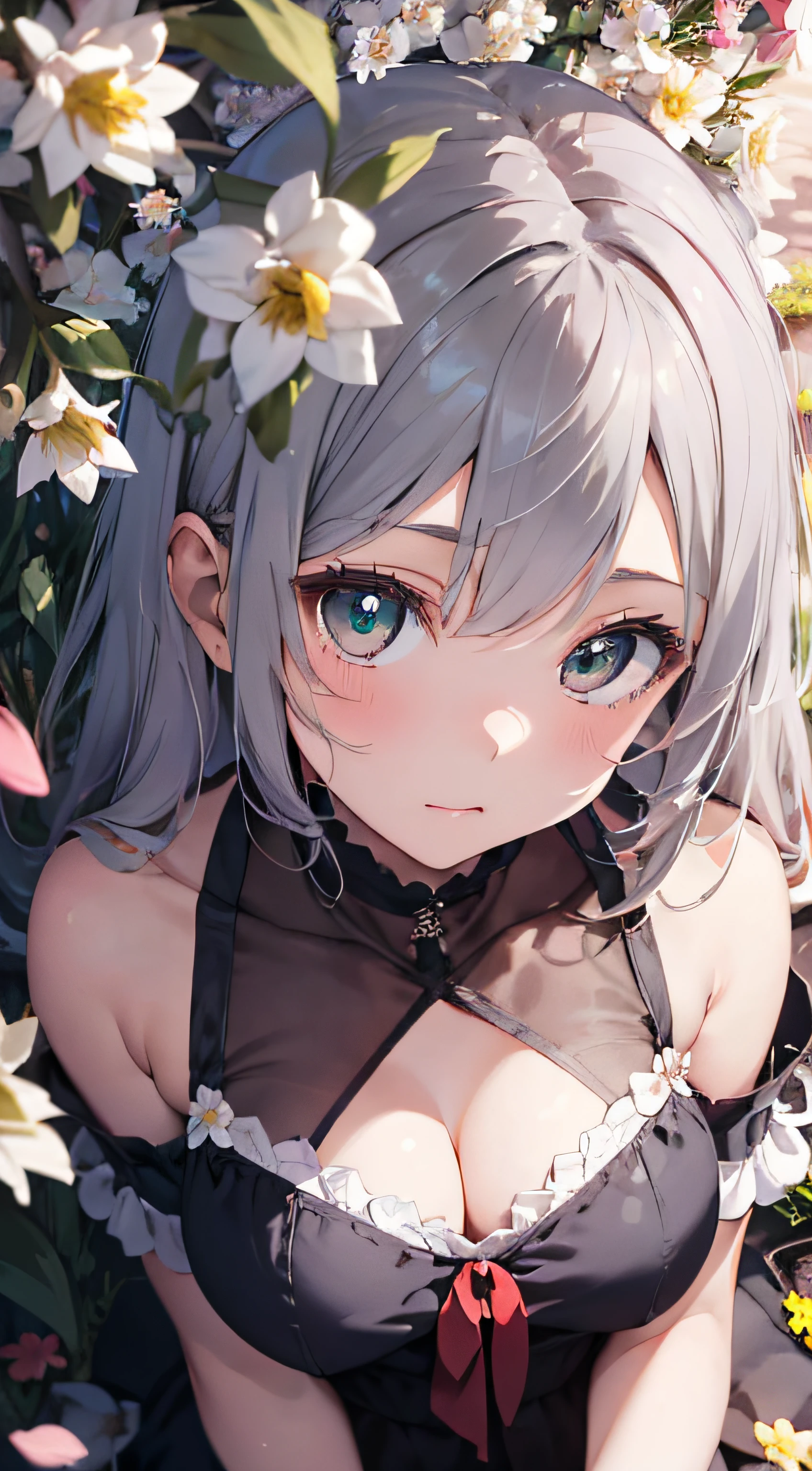 ((Masterpiece, Best quality)),(1girll, Solo:1.4), Light gray hair, with emerald green eyes, From above, Beautiful detailed eyes, Vivid, Cloudy sky, flower, Awe-inspiring flowers, daffodil, Falling petals, Yamashu dango, hanami, having picnic