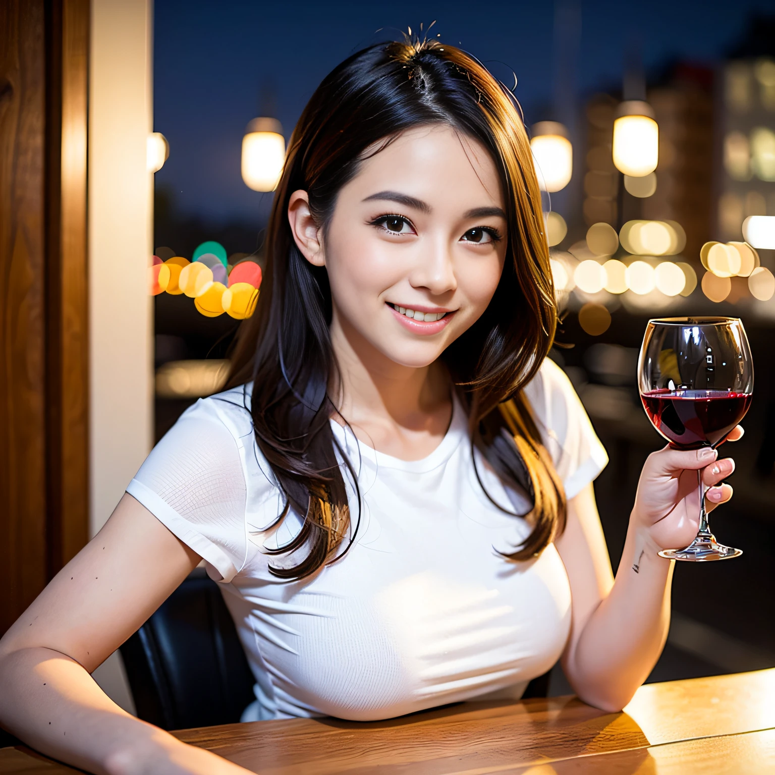 (64K, UHD, top quality, masterpiece: 1.2), (realistic, photorealistic: 1.37), super detailed, pretty woman 1 person, (slim face), (slim body), (brown hair), (short cut), cheeks slightly blushing, (44 years old), 38 years old, solo, beautiful detailed urban night view outside the window, restaurant, wine glasses sit, at night, in a prominent placeNovaFrogStyle, Actress, Model, Waist Up, White Wine, Slim, Wine Glass, Super Clean Night View, Wine Glass Put in the Middle, Happy Smile, (Smile: 1.15), Beautiful Fine Eyes, Upper Body, Bust Japan Up, Night, Short, Short, Actress, Model, Waist Up, White Wine, Slim, Wine Glass, Super Clean Night View, Wine Glass Put in the Middle, Happy Smile,