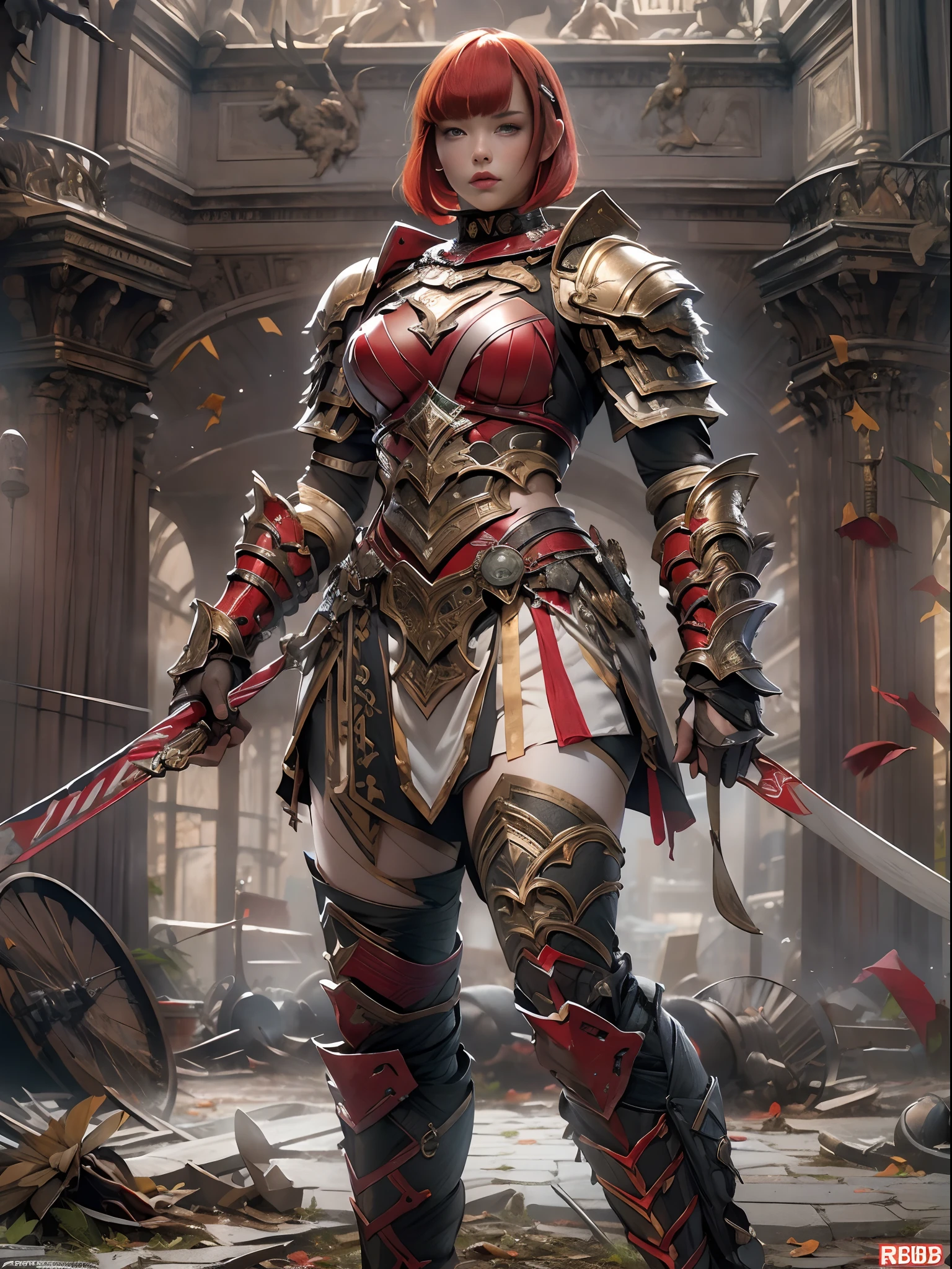(((of the highest quality: 1.4))),(unparalleled masterpiece ever), (Ultra high definition),(Ultra realistic 8K CG), (((adult body))), (((1girl in))), ((( Bob Shorthair ))), Gladiators with perfect bodies,,Beautiful and well-groomed face,muscular body:1.4,Detailed breastplate, gauntlets、is standing, (Image from head to thigh),(( Red Bob Shorthair )),, Simon Bisley's urban savage style,Detailed ancient Roman background,Clean abs, Complex equipment, Dark brown with white stars and gray and white stripes,,,s Armor, Poison tattoo
