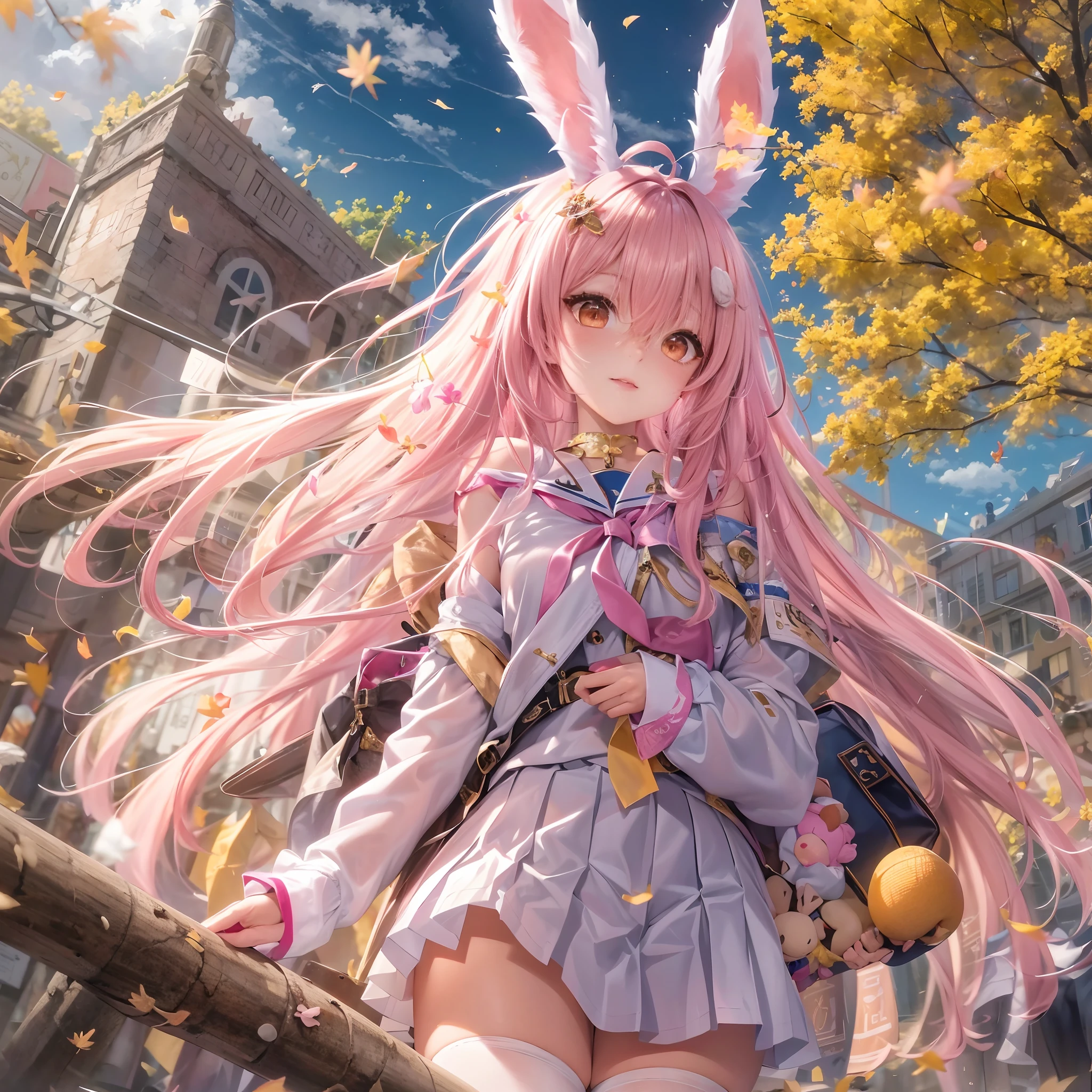 detailed skin, colourful, top quality, 8k hdr, in autumn, fireworks, girl, gyaru, adorable girl, absurdly long hair, pink hair, drill hair, hair between eyes, bunny hair ornament, orange eyes, bunny ears, cute face, off shoulder, white thighhighs, school uniform, pleated skirt, Romanticism, god rays, masterpiece, best quality