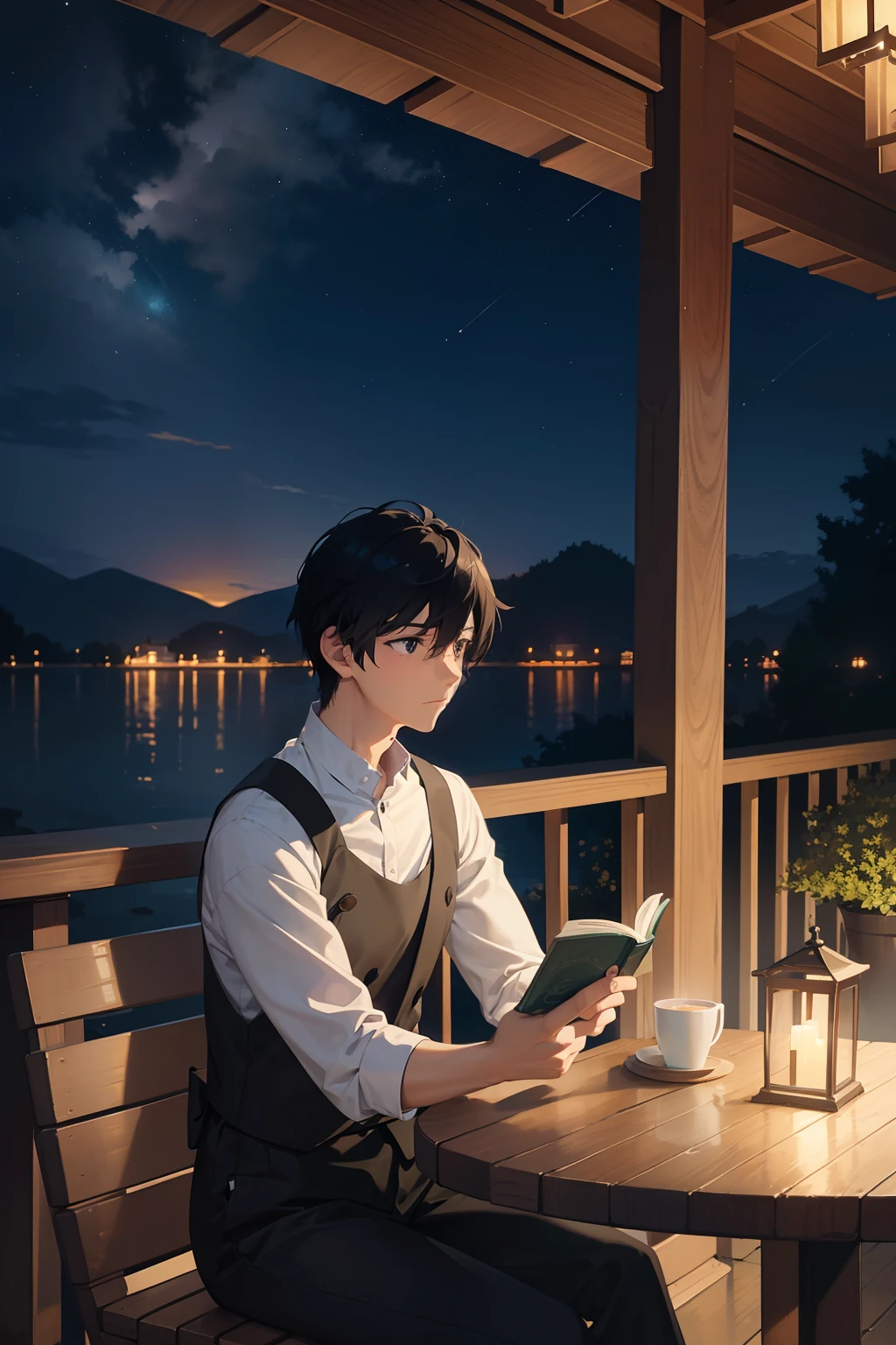 Create exquisite illustrations reminiscent of Makoto Shinkai's style, It has ultra-fine details and top-notch quality. Create an illustration set on the terrace of a lakeside café on a tranquil night. Under the soft, ethereal glow of the café's lights, a man sits at a table, sipping his coffee while engrossed in a book. The warm, nostalgic ambiance casts a dreamlike and enchanting atmosphere over the lakeside. The shimmering water reflects the starry night sky, adding to the magical quality of the scene. The ambient lighting creates a soothing and almost surreal quality to the surroundings, making it an ideal place for solitary contemplation. The man's face reflects tranquility and contentment, capturing a moment of quiet reflection and escape from the outside world.