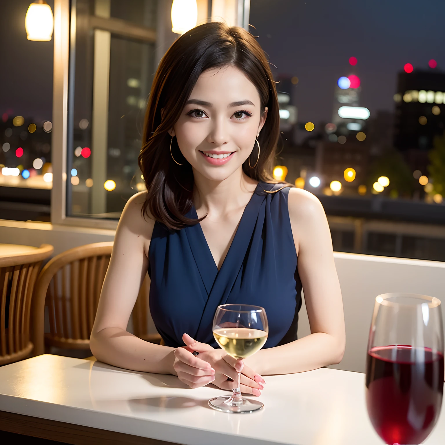 (64K, UHD, top quality, masterpiece: 1.2), (realistic, photorealistic: 1.37), super detailed, pretty woman 1 person, (slim face), (slim body), (brown hair), (short cut), cheeks slightly blushing, (44 years old), 38 years old, solo, beautiful detailed urban night view outside the window, restaurant, wine glasses sit, at night, in a prominent placeNovaFrogStyle, Actress, Model, Waist Up, White Wine, Slim, Wine Glass, Super Clean Night View, Wine Glass Put in the Middle, Happy Smile, (Smile: 1.15), Beautiful Fine Eyes, Upper Body, Bust Japan Up, Night, Short, Short, Actress, Model, Waist Up, White Wine, Slim, Wine Glass, Super Clean Night View, Wine Glass Put in the Middle, Happy Smile,