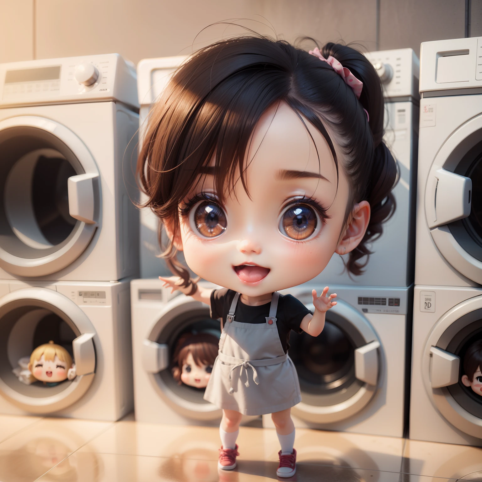 Cute Baby Chibi Anime,(((Chibi 3D))) (Best Quality) (Master Price)、in a house、washing machine、Laundry basket and laundry、washing、Apron、Open your mouth and smile、Anatomically correct answer、Detailed small face、Detailed Detailing、Standing