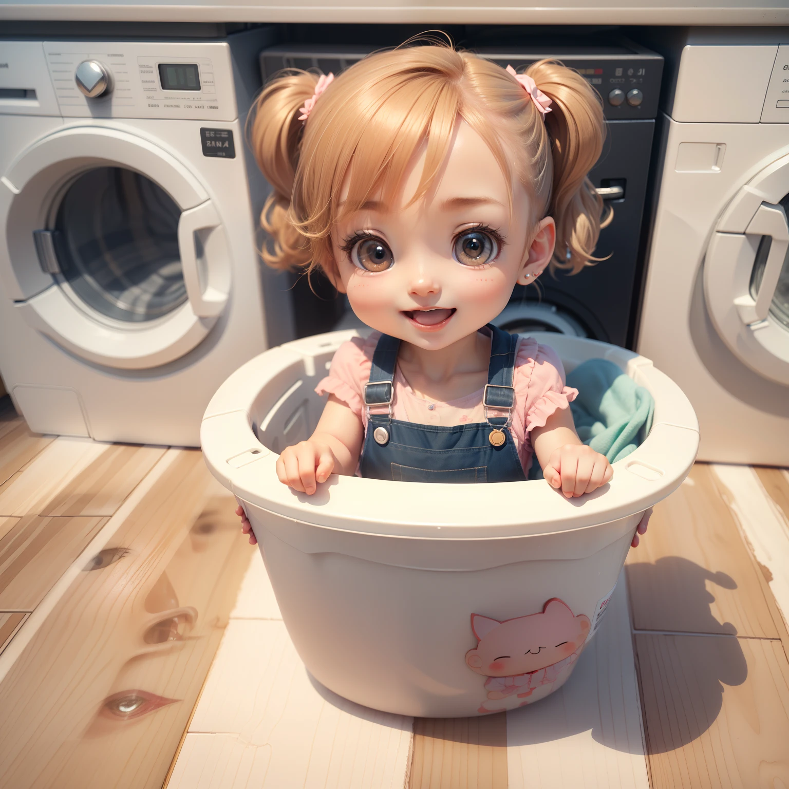 Cute Chibi Anime,(((Chibi 3D))) (Best Quality) (Master Price)、in a house、washing machine、Laundry basket and laundry、washing、Apron、Open your mouth and smile、Anatomically correct answer、Detailed small face、Detailed Detailing、Standing