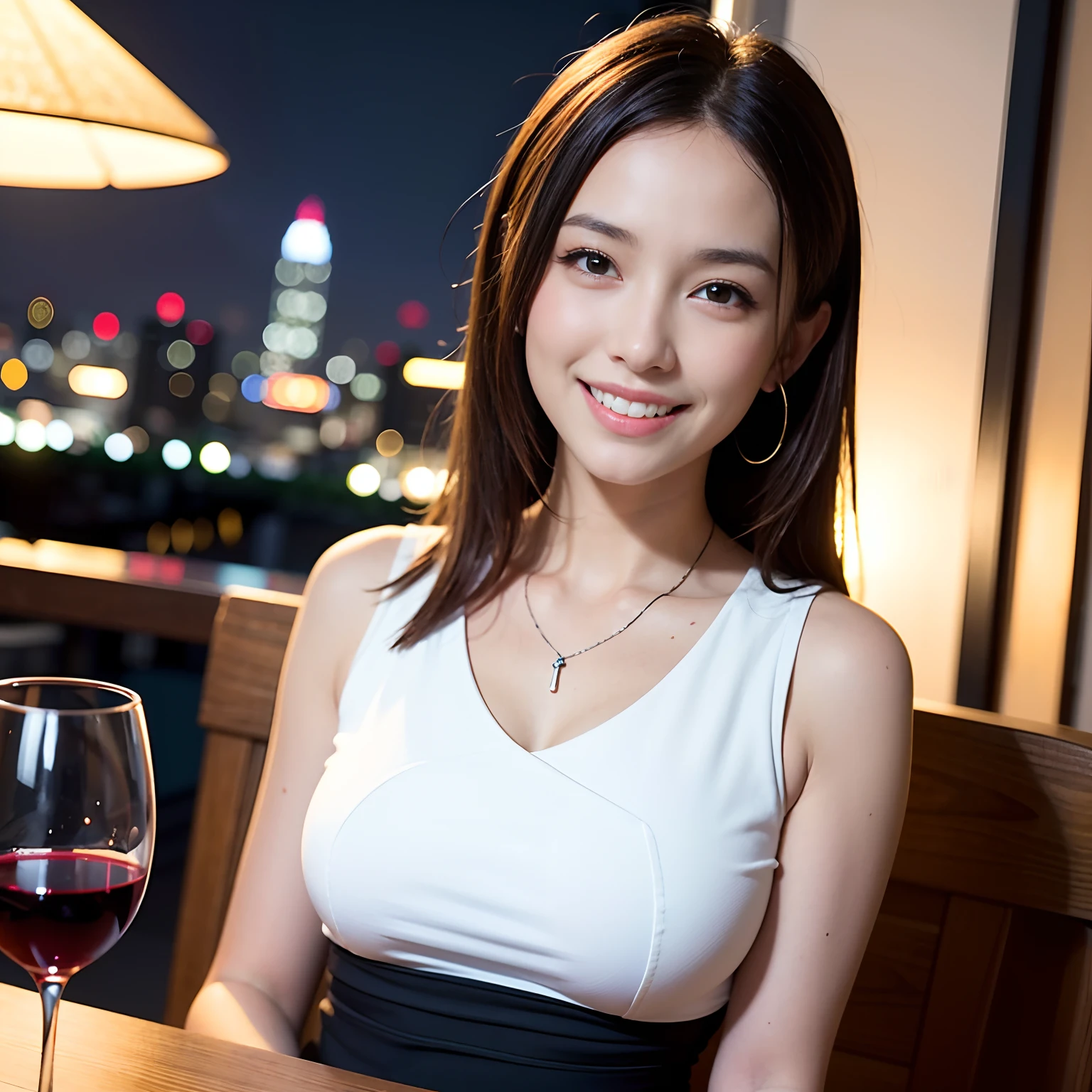 (64K, UHD, top quality, masterpiece: 1.2), (realistic, photorealistic: 1.37), super detailed, pretty woman 1 person, (slim face), (slim body), (brown hair), (short cut), cheeks slightly blushing, (44 years old), 38 years old, solo, beautiful detailed urban night view outside the window, restaurant, wine glasses sit, at night, in a prominent placeNovaFrogStyle, Actress, Model, Waist Up, White Wine, Slim, Wine Glass, Super Clean Night View, Wine Glass Put in the Middle, Happy Smile, (Smile: 1.15), Beautiful Fine Eyes, Upper Body, Bust Japan Up, Night, Short, Short, Actress, Model, Waist Up, White Wine, Slim, Wine Glass, Super Clean Night View, Wine Glass Put in the Middle, Happy Smile,