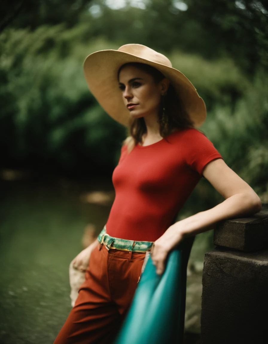 a woman wearing tropical colored pants, a hat, in the style of ilford pan f, made of rubber, punk, kodak vision3 250d 5207, poolcore, danish golden age, reflective, (upper body)
