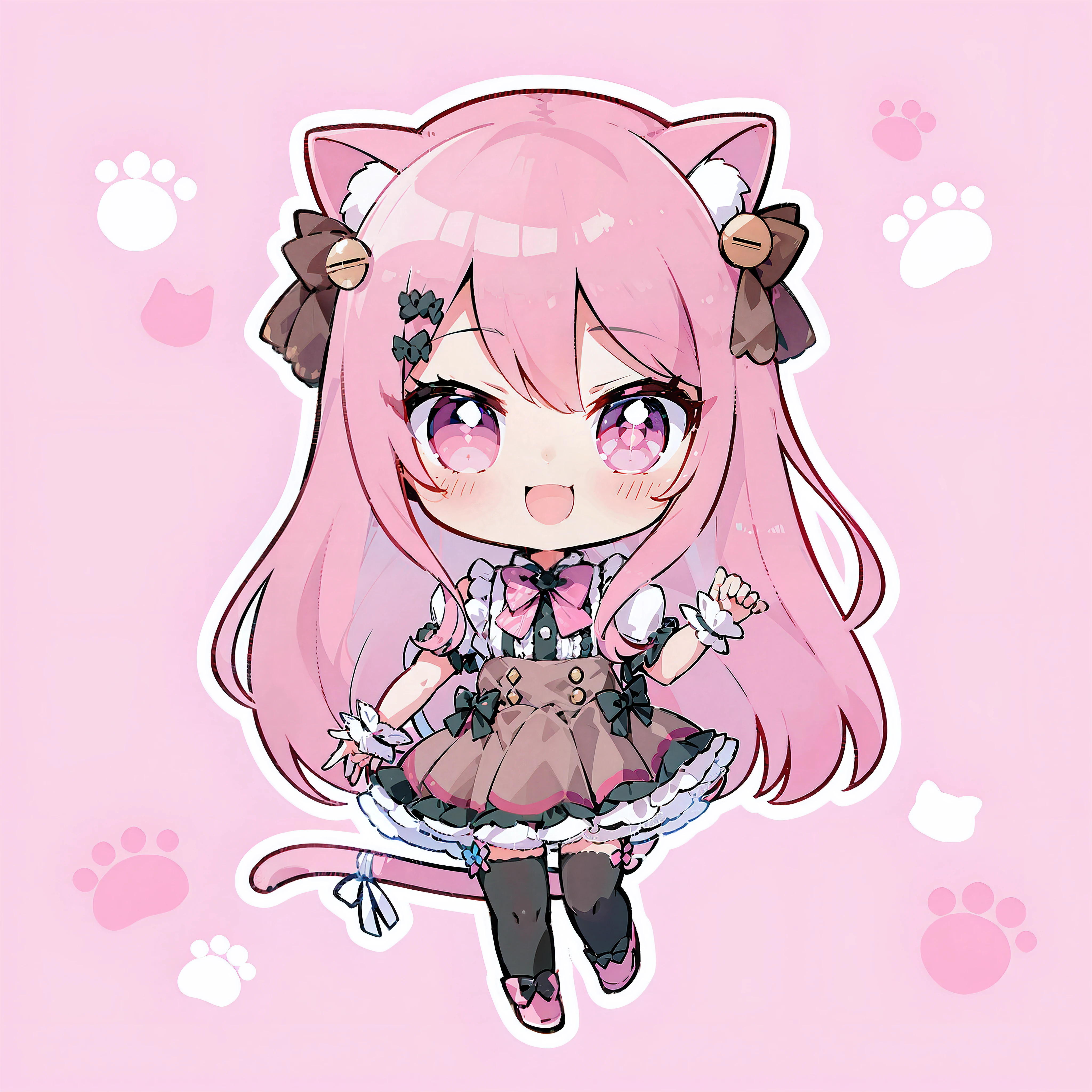 Cute girl with cat ears、Japan anime style、Moe、Full body painting、Standing Picture、Authentic and highly detailed body、小柄、girl with、childish、10yaers old、length hair、bangss、A pink-haired、Authentic and highly detailed face、beautiful eyes that are authentic and highly detailed,、 cat ear、Authentic and very delicate arms and hands、Authentic and highly detailed human hands（5 fingers）、The most beautiful girl in the world、Delicate and beautiful pink cat eyes、Authentic skin texture、komono、lolita、a miniskirt、Authentic and highly detailed pink knee-high socks、Authentic and highly detailed long boots、An ultra-high picture quality