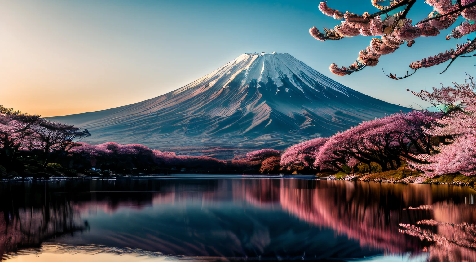 RAW photo of Mt. Fuji, delicately beautiful realistic, detail, photorealistic, ultra-realistic photo, 8k UHD, DSLR, dazzling spring mountain, high quality, film grain, fujifilm XT3, (masterpiece), majestic Mt. Daisen, Mt. Fuji reflected on the surface of the lake, cherry blossoms are beautiful, the morning sun overlaps,