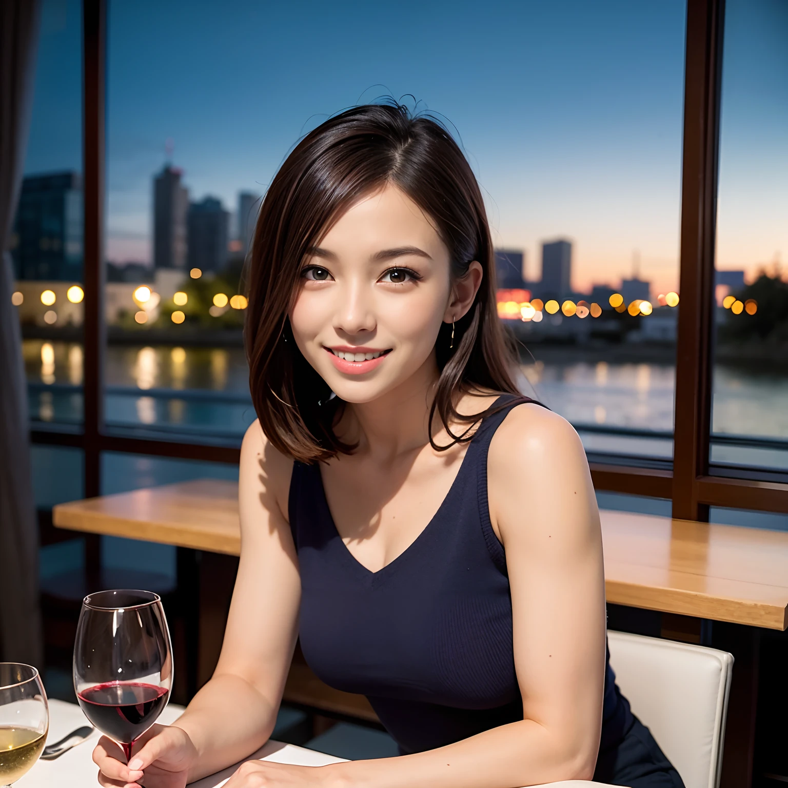(64K, UHD, top quality, masterpiece: 1.2), (realistic, photorealistic: 1.37), super detailed, pretty woman 1 person, (slim face), (slim body), (brown hair), (short cut), cheeks slightly blushing, (44 years old), 38 years old, solo, beautiful detailed urban night view outside the window, restaurant, wine glasses sit, at night, in a prominent placeNovaFrogStyle, Actress, Model, Waist Up, White Wine, Slim, Wine Glass, Super Clean Night View, Wine Glass Put in the Middle, Happy Smile, (Smile: 1.15), Beautiful Fine Eyes, Upper Body, Bust Japan Up, Night, Short, Short, Actress, Model, Waist Up, White Wine, Slim, Wine Glass, Super Clean Night View, Wine Glass Put in the Middle, Happy Smile,