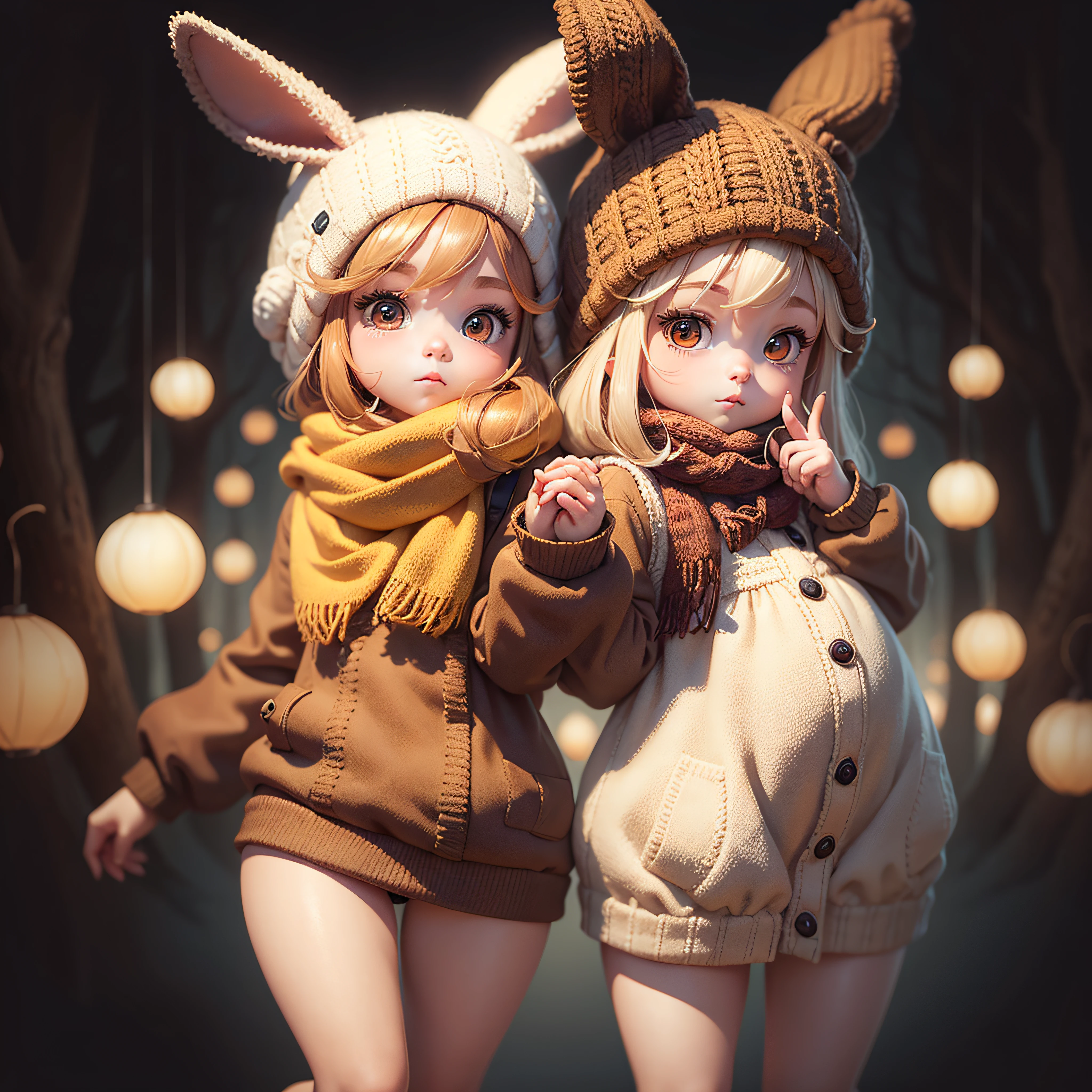 Hand in hand with the baby。Cartoon rabbit wearing a brown knitted hat and a brown scarf suitable for autumn, , Adorable Digital Painting, cute anthropomorphic bunny, cute detailed digital art, Cute digital art, Cute!, cute cartoon characters, cute character, rabbt_Character, cute forest creature, Stylized picture books, Anthropomorphic rabbit,