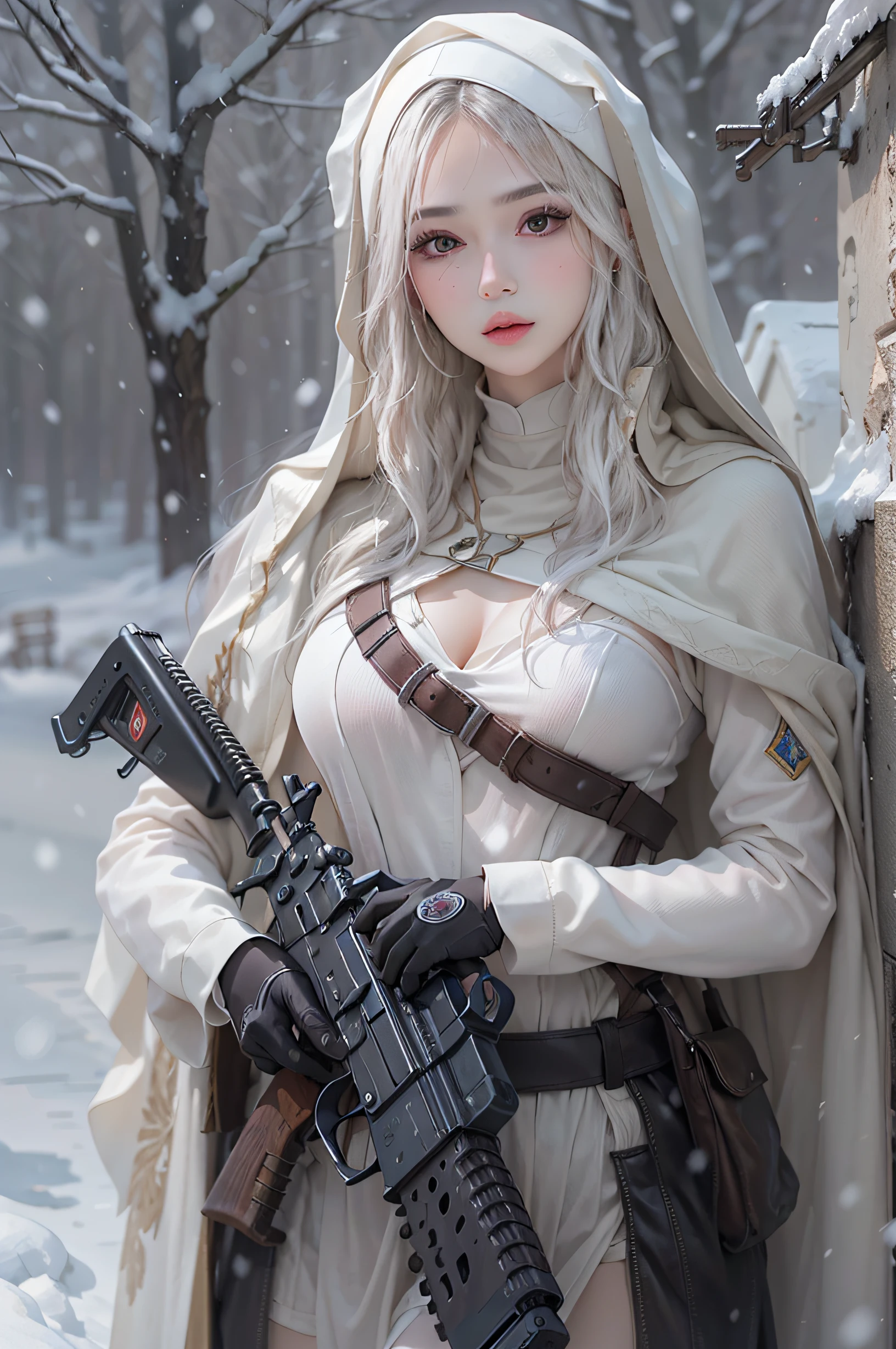 full body Esbian, of the highest quality, Intricate details , (Fine skin, Shiny skin, Shiny hair, pale complexion，Big breasts), 　Red sky,　Red Moon， in woods, ((Skull Mark)), ambitious, Seductive Woman, Gray hair, Long hair, Hair fluttering in the wind, Skull mask on half of the face, Detailed tattoos, White Leather Santa Clothes, White Santa Clothes, White leather coat, Leather gloves, Solid Gold Bracelet, White leather skirt, White mini skirt, Hat with skull marker, (Leather Belt), Look far away